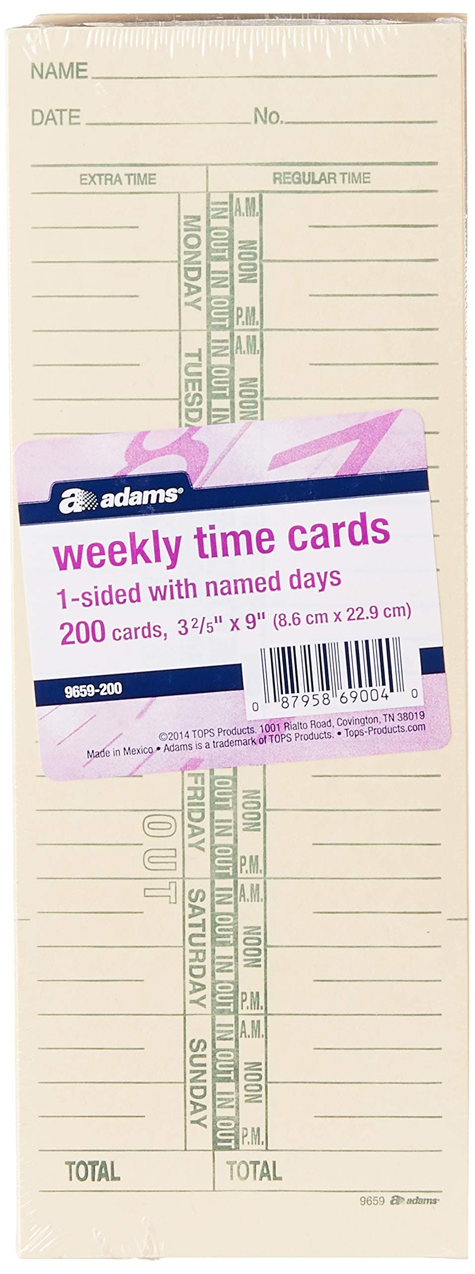 Adams Time Cards, Weekly, 1-Sided, Named Days, 3-3/8" x 9", Manila, Green Print, 200-Count (9659-200)