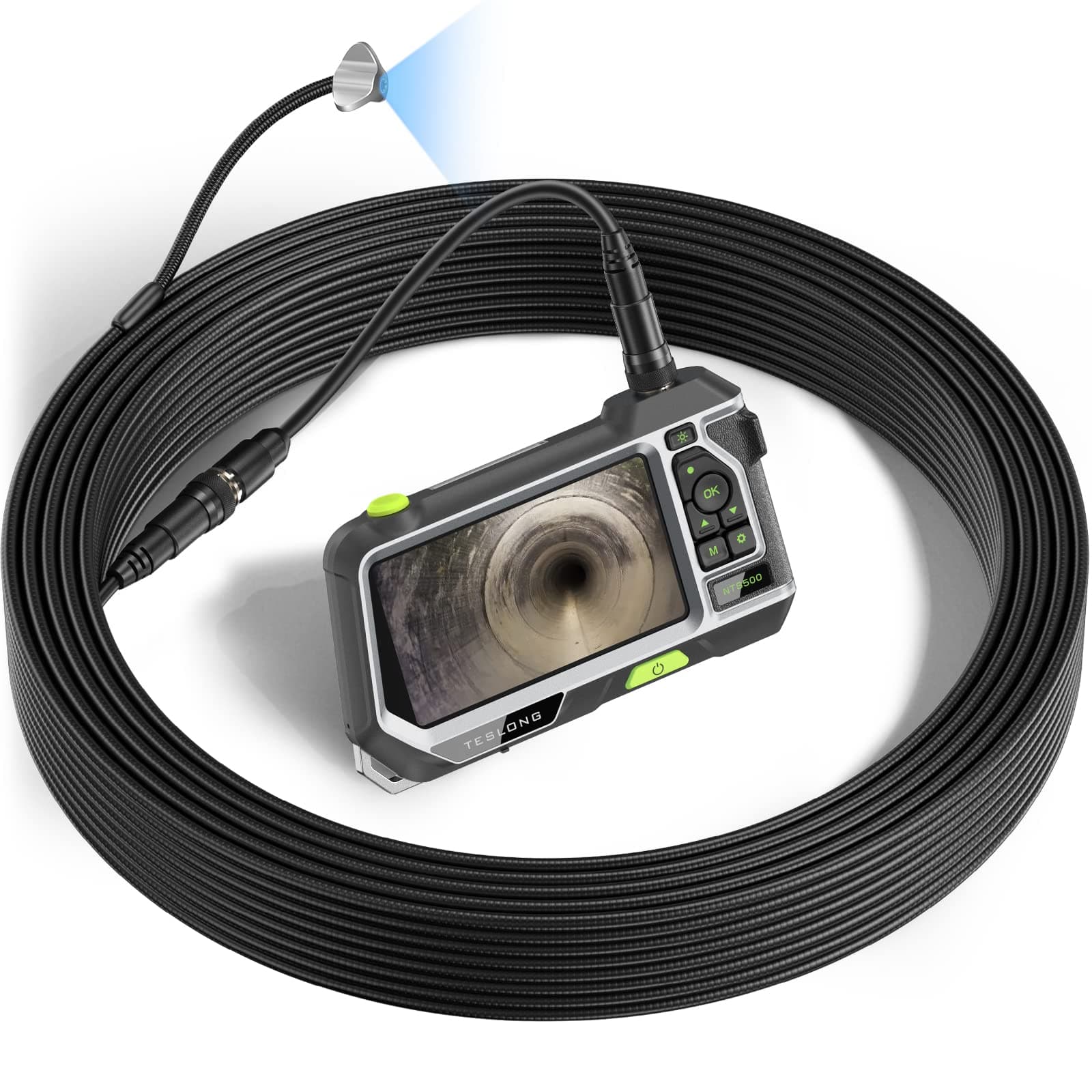 50ft Sewer Inspection Camera, Teslong Drain Pipe Endoscope Borescope, Waterproof Plumbing Camera Snake with Light, NTS500 5-inch 720P Monitor, Fiber Optic Scope for Air Duct HVAC Sewage Line Toilet