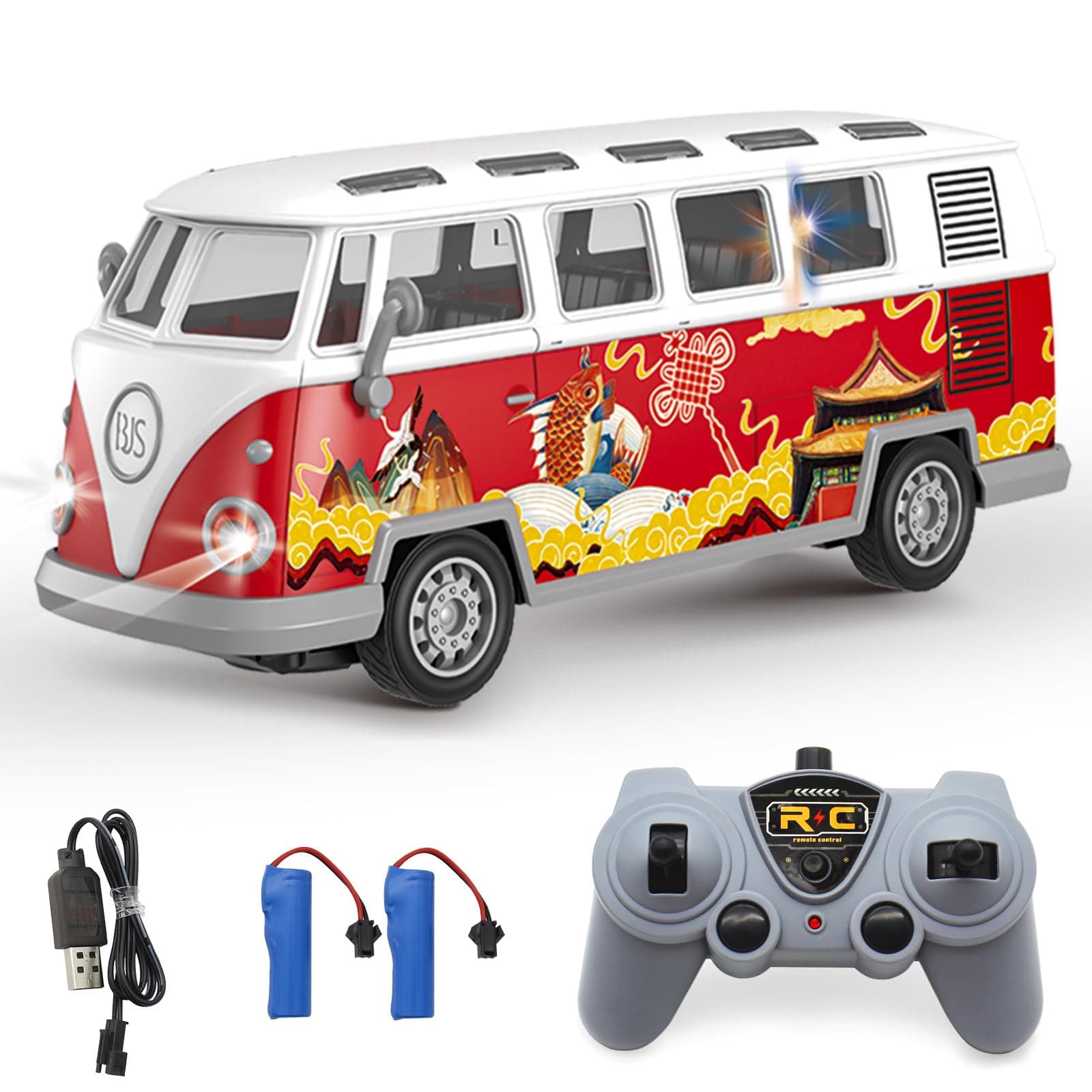 Remote Control Bus 2.4G Remote Control 1962 Volkswagen Classic Bus with Decals Retro Truck Model with Lights Sound Electric Vehicle Playsets Cars for Kids Toy