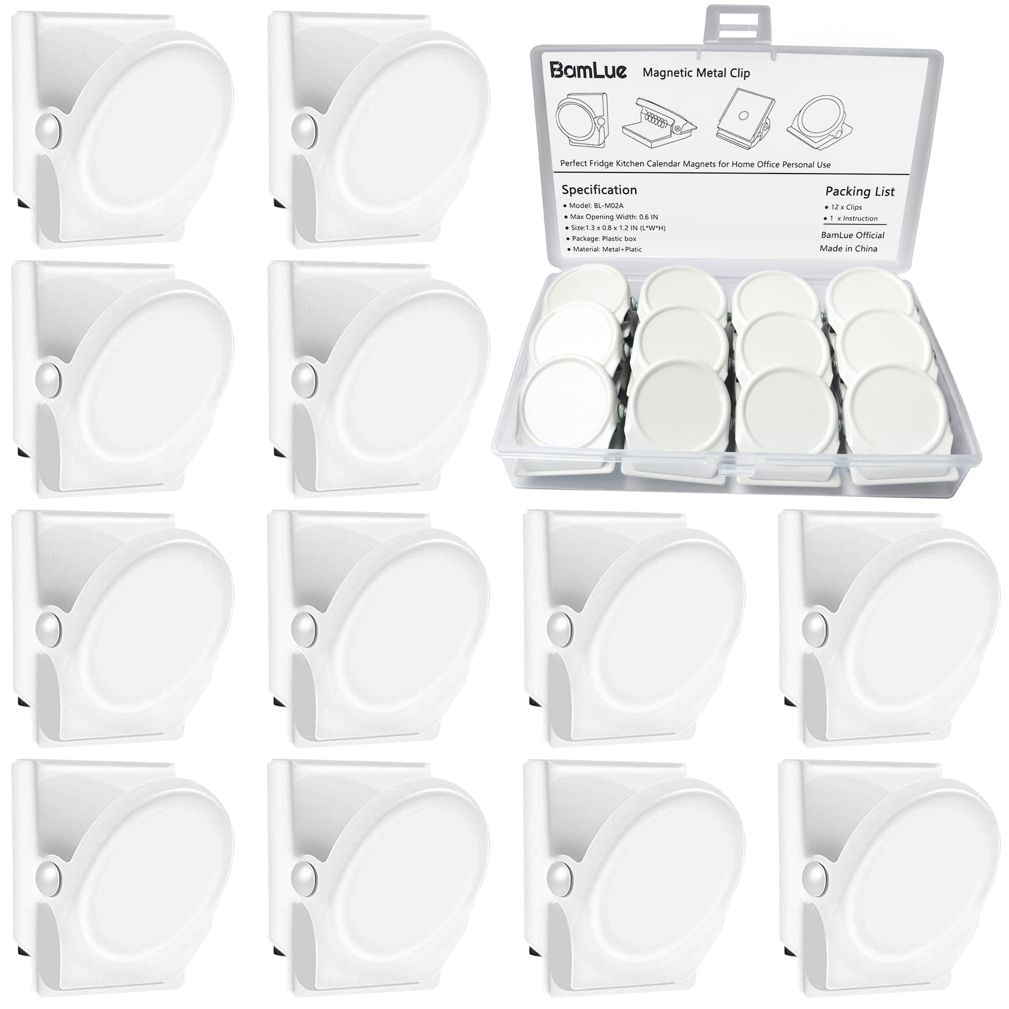 BamLue 12 Pieces Fridge Magnet Clips Plastic Box, Refrigerator Whiteboard Wall Fridge Memo Note Paper Clips, Heavy Duty Magnetic Clip for Photos, Pictures, Papers- Home & Office & Teaching, White