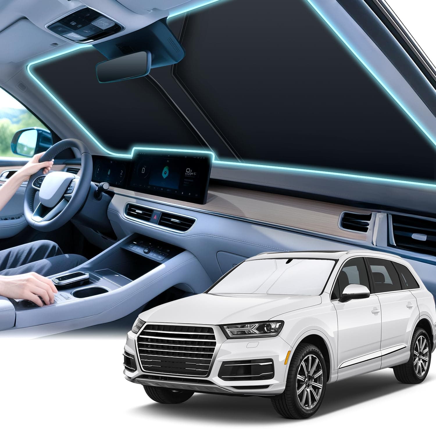 SINGARO 300T Universal Car Windshield Sun Shade, Foldable Reflective for Windshield & Window Shades with Overlapping Design, Car Interior Accessories