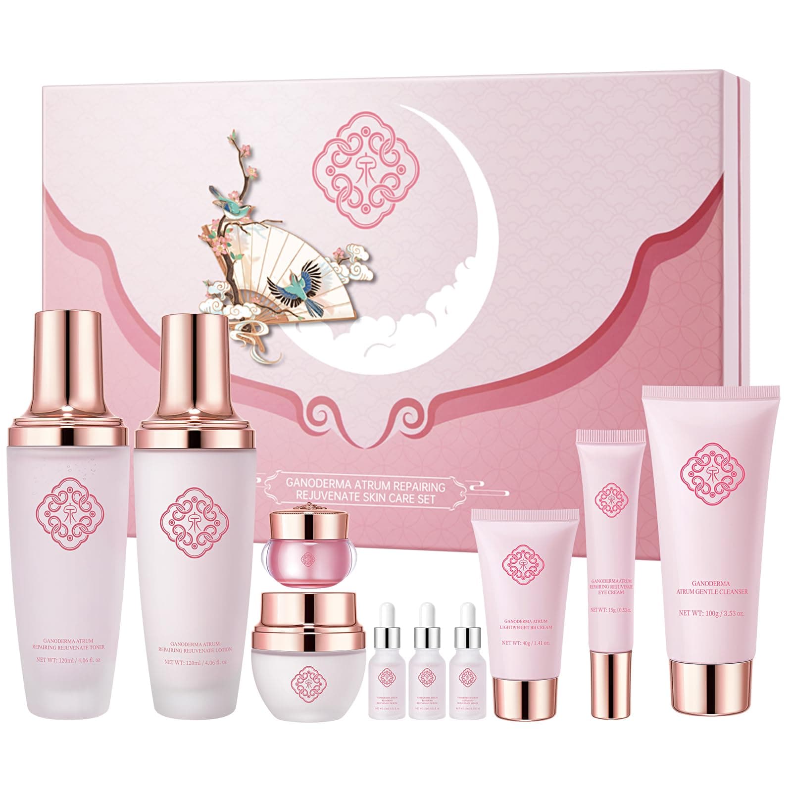 Ganoderma Moisturizing and Rejuvenating 10-Piece Skincare Set Clear Cleanser.Toner.Serum.Eye Cream.Lotion.Cream.Lady Cream. BB Cream for Women
