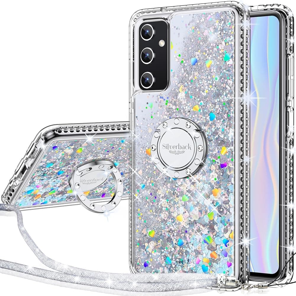 Silverback for Samsung S23 FE Case,Moving Liquid Holographic Sparkly Glitter Case with Stand and Lanyard, Girls Women Bling Ring Shockproof Protective Cover for Samsung Galaxy S23 FE -Silver