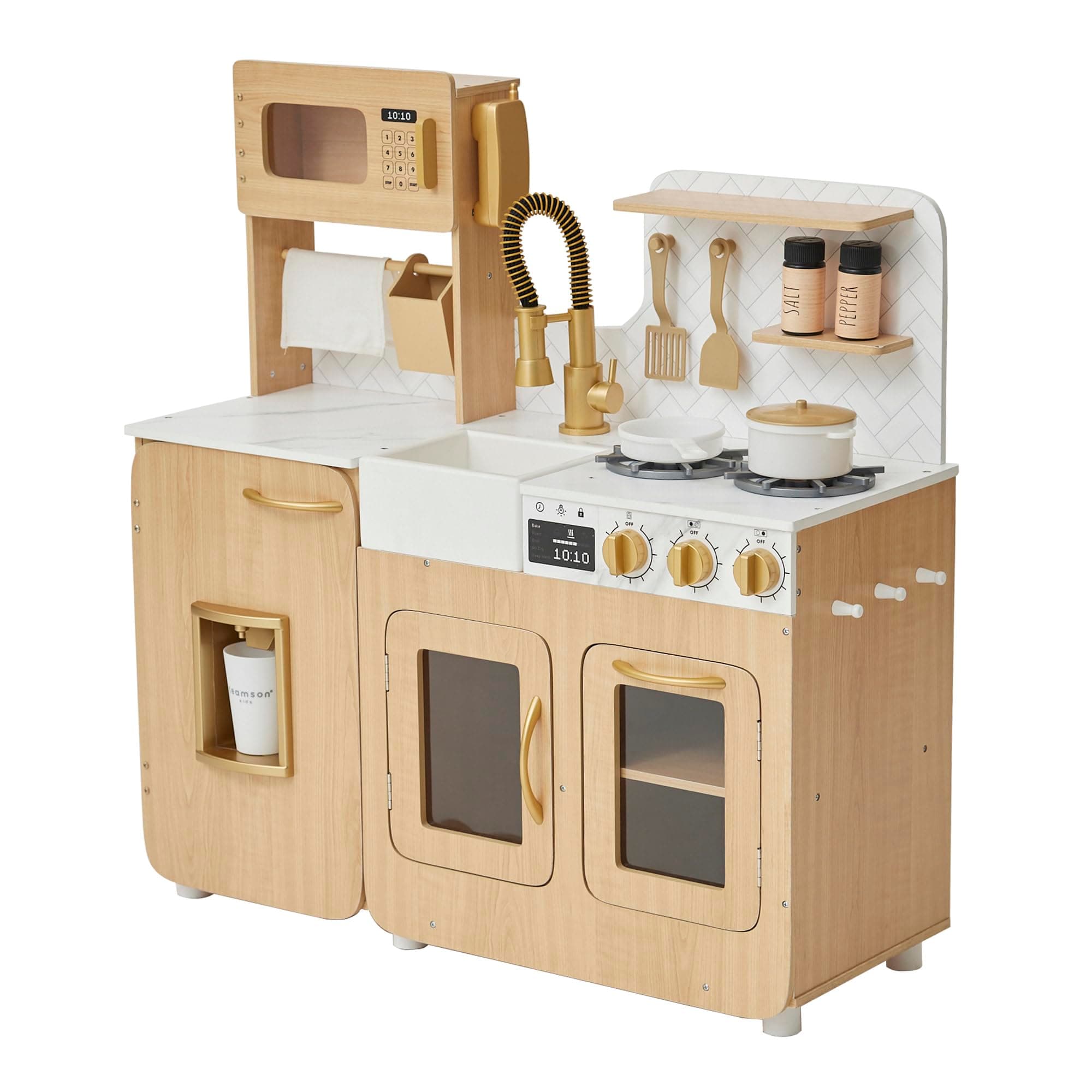 Little Chef Cyprus Medium Wooden Play Kitchen with Interactive, Realistic Features, and 14 Kitchen Accessories for 3yrs and up, Light Oak/Faux White Marble/Gold