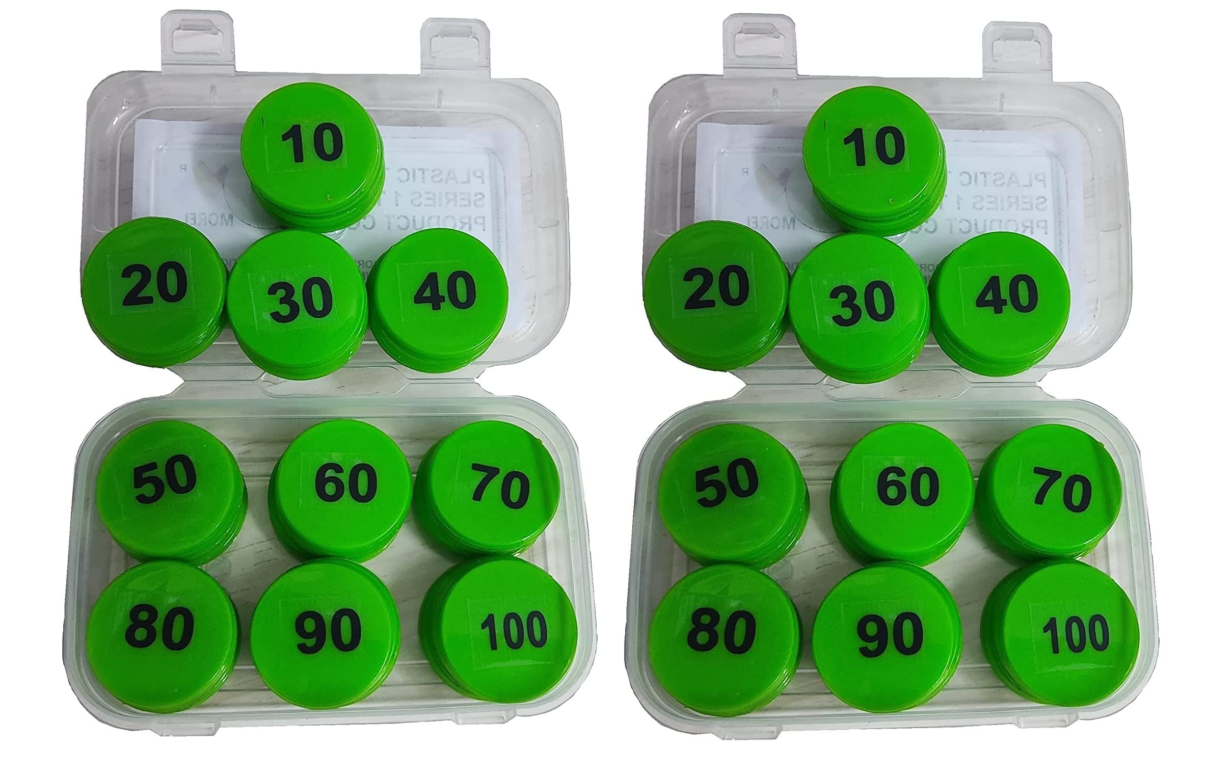 MOREL Plastic Token/Coins with Numeric Numbers 1 to 100, (Pack 2) 100 Coins Each PKT. Plastic Serial Number Tag Green