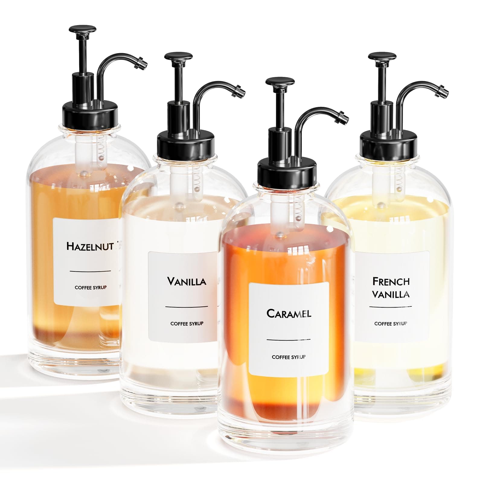 16.9 oz/500 ml Coffee Syrup Dispenser Set - 4 Glass Bottles with Black Pumper and Syrup Labels - Precise Dispensing and Stylish Addition to Coffee Shop, Cafe or Home Bar