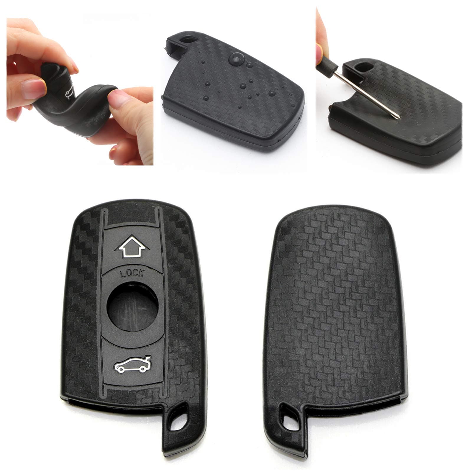 x xotic tech Carbon Fiber Pattern Soft Silicone Key Fob Shell Cover Case, Compatible with BMW 1 3 5 6 Series X5 X6 Z4 2-Button Smart Keyless Entry Key
