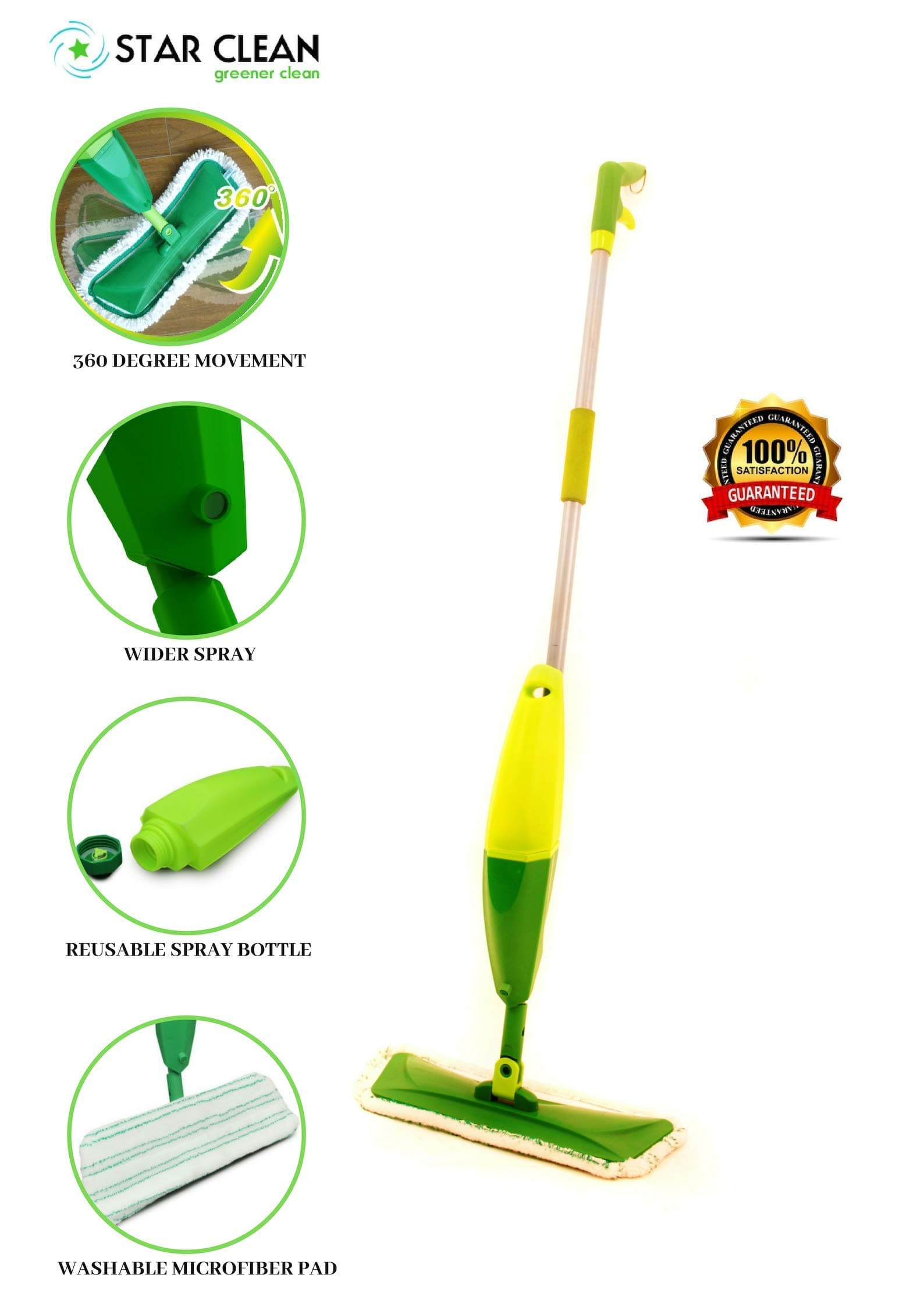 Spray Mop with Microfiber washable pad and integrated water spray. With 360 degree movement for Quick and Easy cleaning - Green (40 x 13 x 120 Cms)