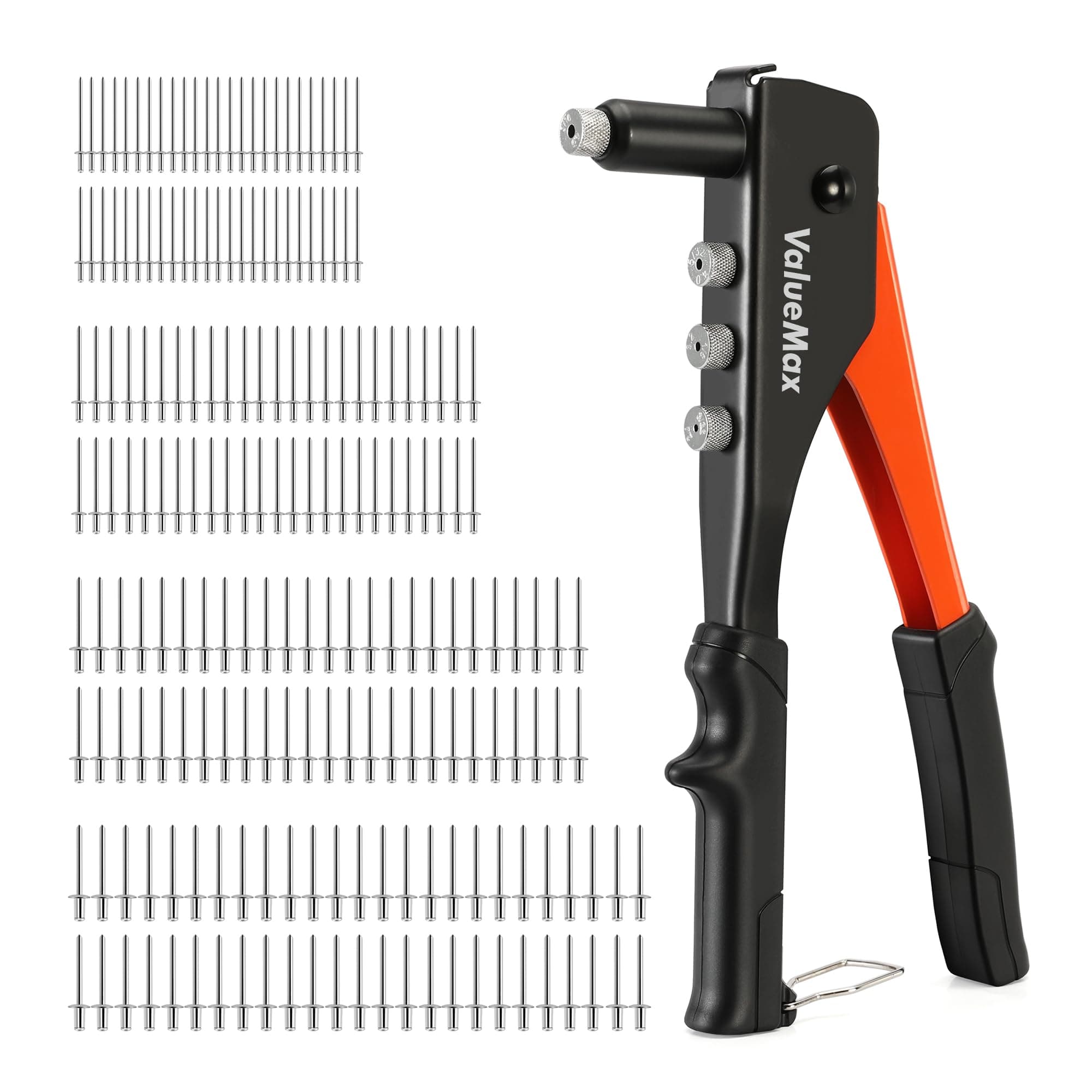 4-in-1 Rivet Gun Set with 200 Rivets, Pop Riveter with 4 Sizes Interchangeable Nosepieces 3/32"(2.4mm), 1/8"(3.2mm), 5/32"(4.0mm), 3/16"(4.8mm), Heavy Duty Pop Rivet Gun Kit