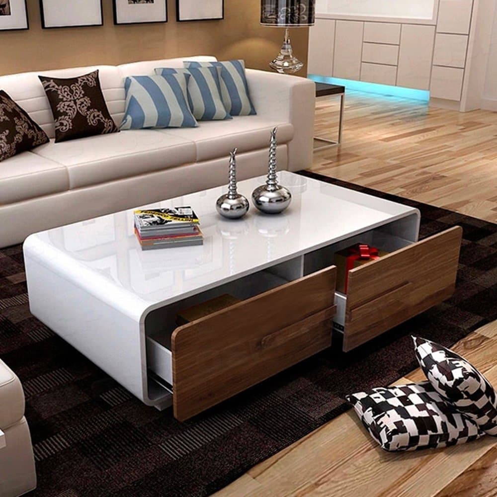 OSPI® Livingroom High Gloss White Coffee Table with 4 Storage Walnut Drawers W130xD70xH38cm