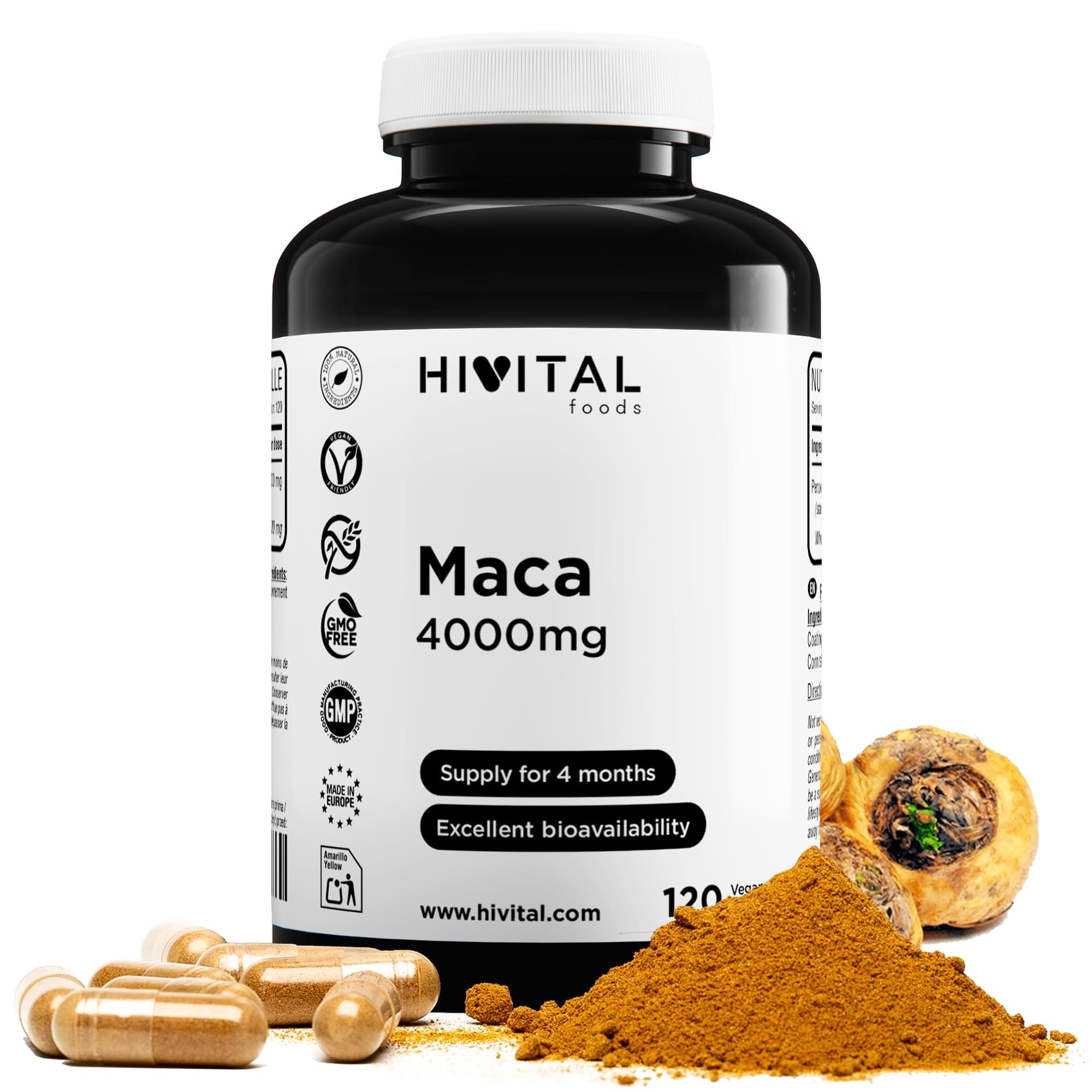 Peruvian Maca Root Extract 4000mg | 120 Vegan Capsules | Improves Energy, Vitality, Stamina, Athletic Performance, Memory, Concentration, Immune System and Hormone imbalance | by Hivital
