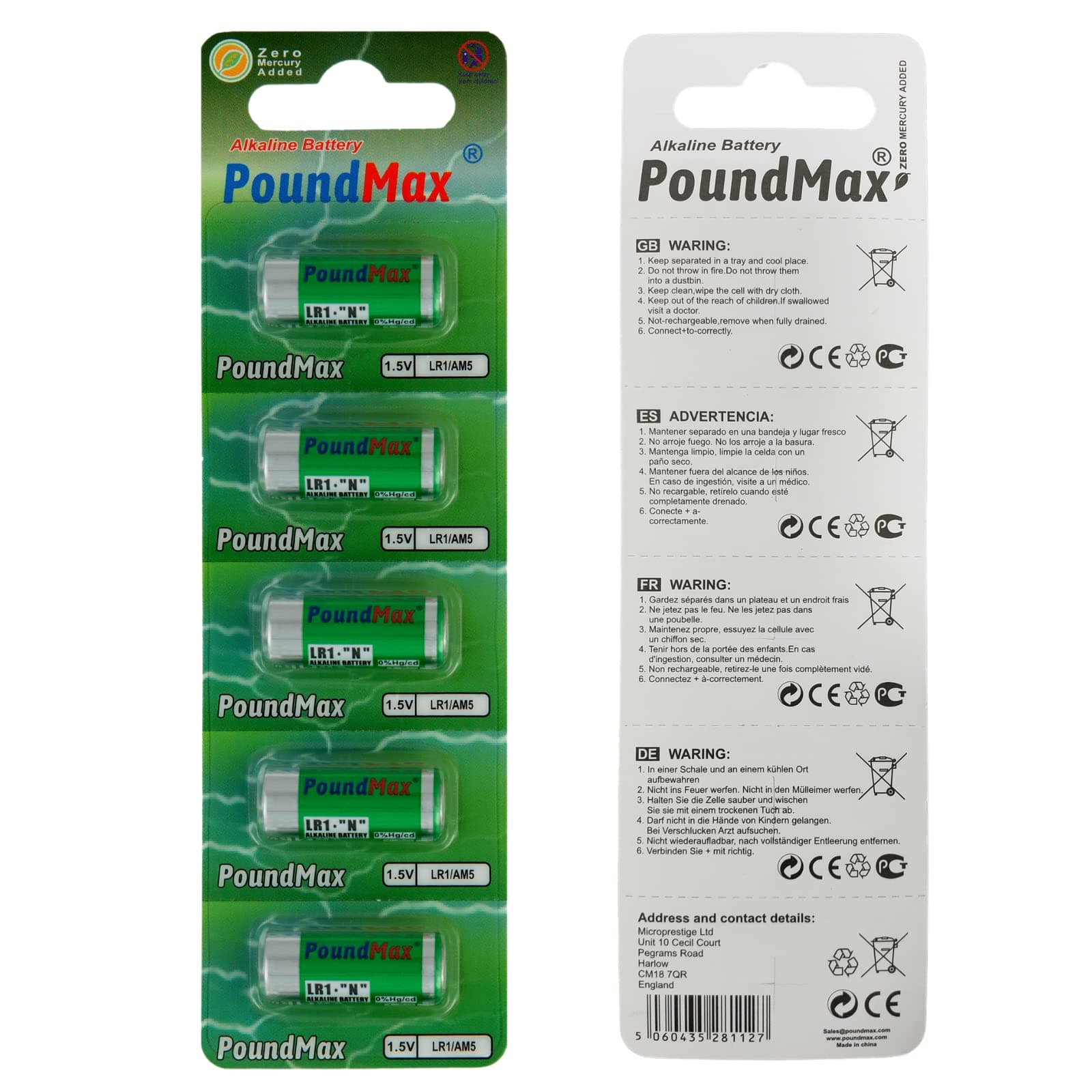 5 X PoundMax 910A LR1 N Type MN9100 1.5V Alkaline Batteries