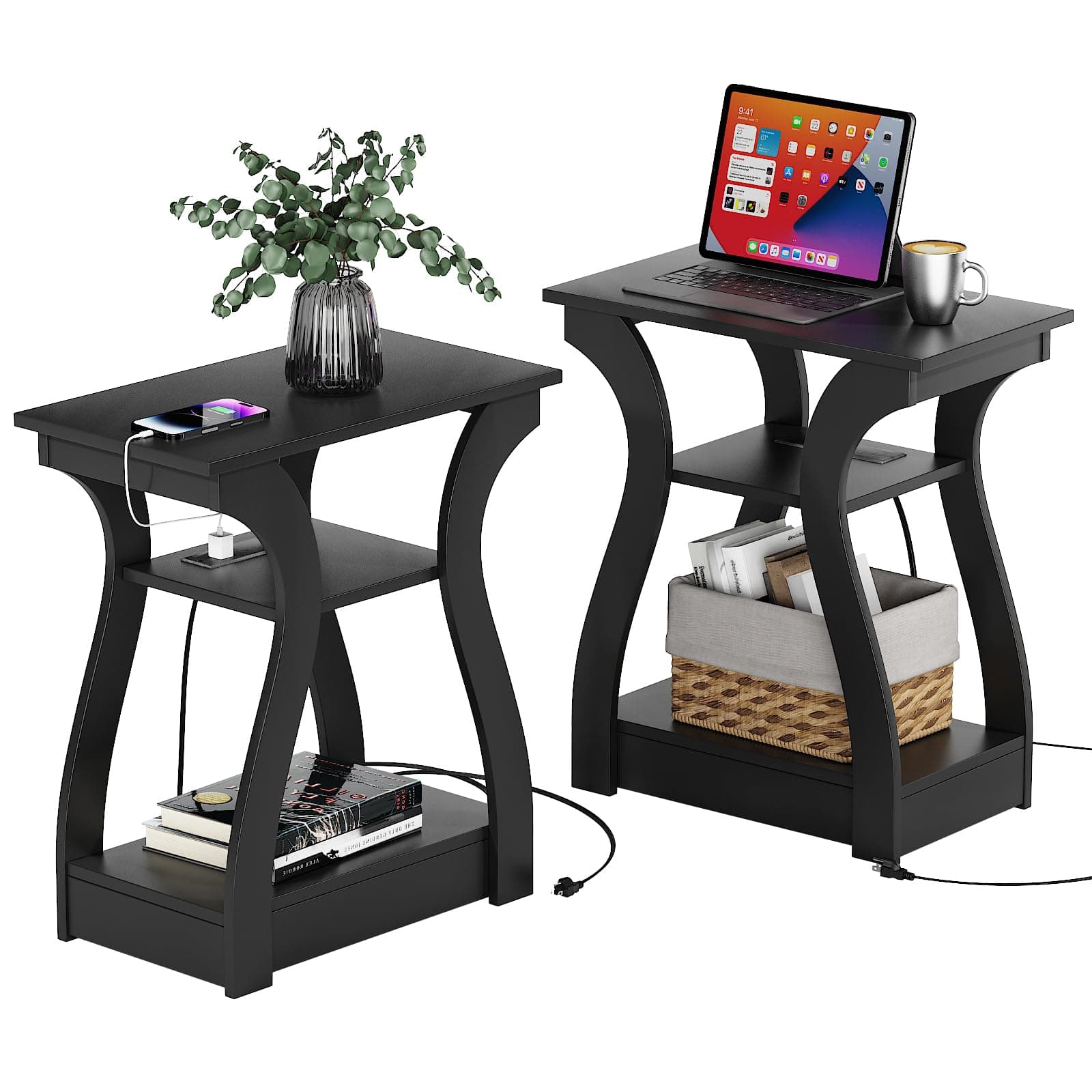 FROMJBEST Black End Table Set of 2 with Charging Station, Side Table with USB Ports and Outlets, Black Nightstand, 3 Tier End Table with Storage Shelf for Living Room, Bedroom