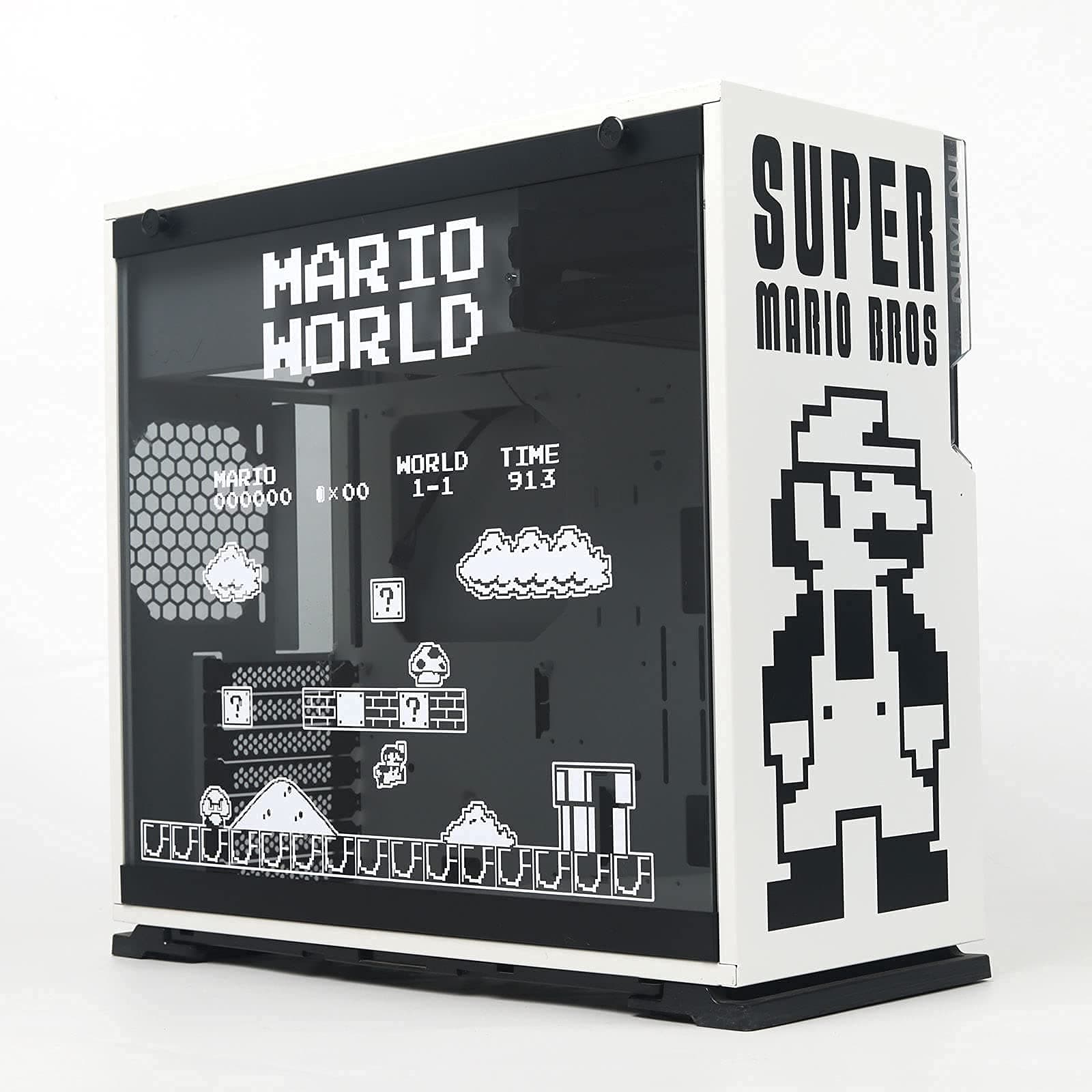 2 Pieces Vinyl Stickers for PC Case, Mario Decorative Decals for ATX Mid Computer,Removale Waterproof Hollowed Out Light Transmission Stickers (Black+White)