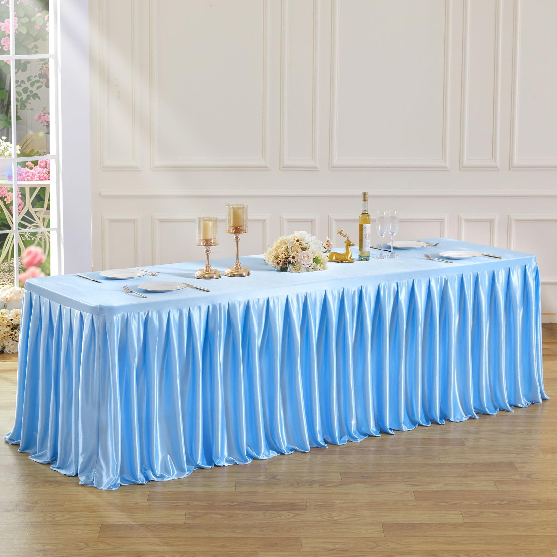 8FT Blue Satin Tablecloths for Rectangle Tables - Shiny Spandex Party Table Cover with Pleated Table Skirt, No-Wrinkle & Glossy Wedding Tablecloth One-Piece for Birthday Baby Shower Banquet Ceremony
