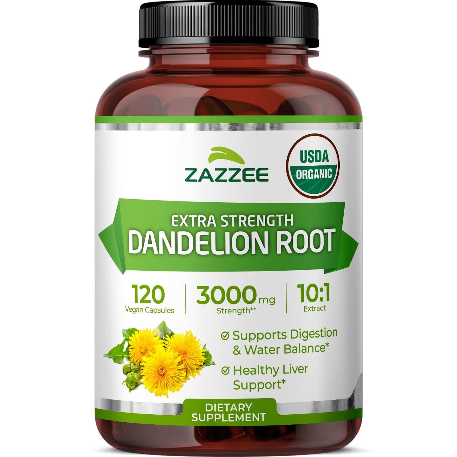 Zazzee USDA Organic Dandelion Root 10:1 Extract, 120 Capsules, 4 Month Supply, Liver & Detox Support, Taraxacum Officinale, Organic Herbal Supplement, All-Natural, Non-GMO, Made in the USA