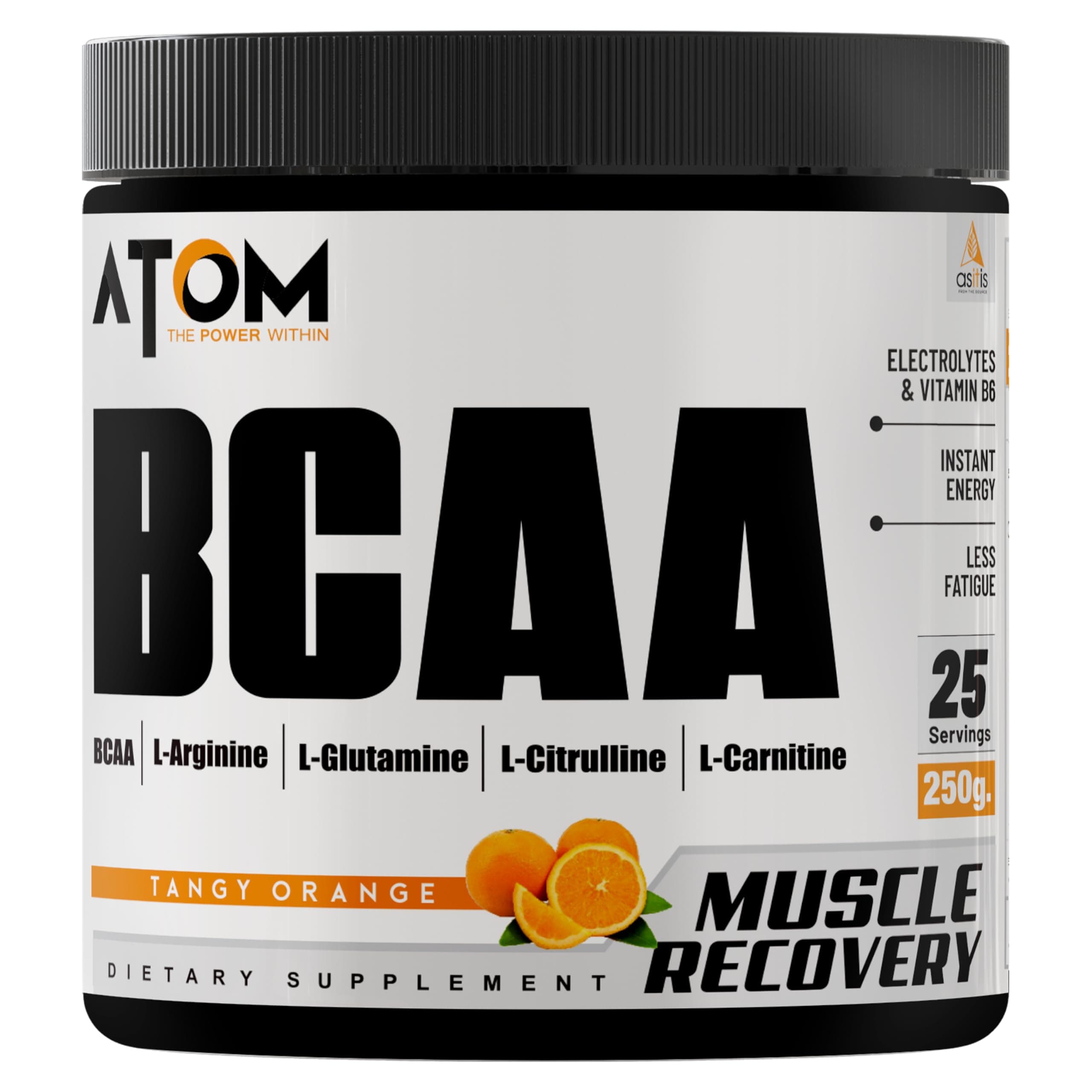 AS-IT-IS ATOM BCAA 250g with L-arginine, L-Carnitine, L-Citrulline for Energy burst & Athletic Performance | Tangy Orange Flavor