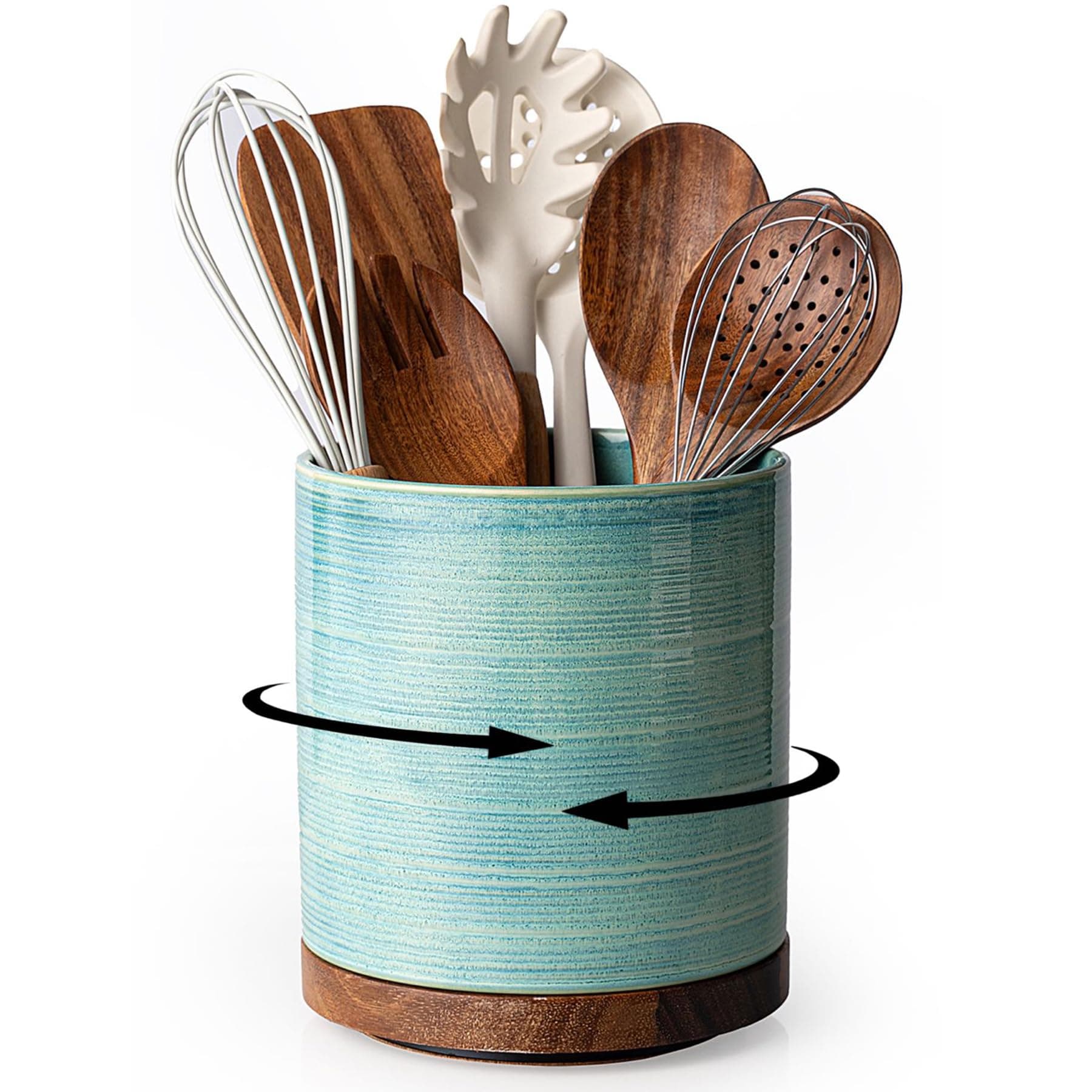 Utensil Holder, 360° Rotating Extra Large Ceramic Kitchen Utensil Holder for Countertop, Cooking Utensil Crocks for Counter with Rotatable Wooden Base, Farmhouse Kitchen Decor, Green