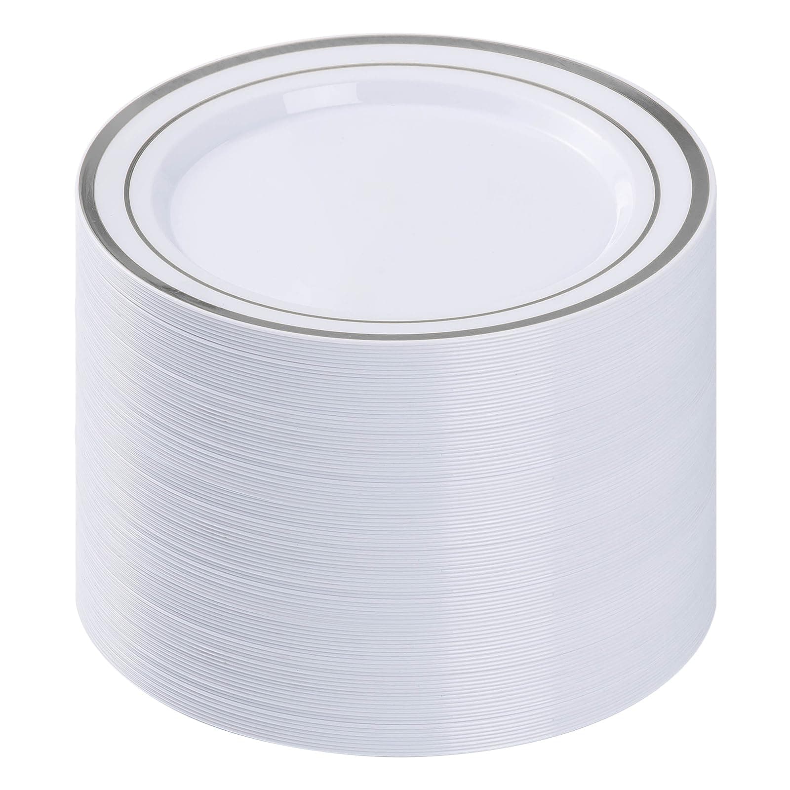 BESTVIP 100PCS Silver Plastic Plates, 10.25 Inch Disposable Dinner Plate Party with Silver Rim for Christmas, Thanksgiving, Heavy Duty Disposable Plastic Plates for Party, Wedding and Birthday, Events