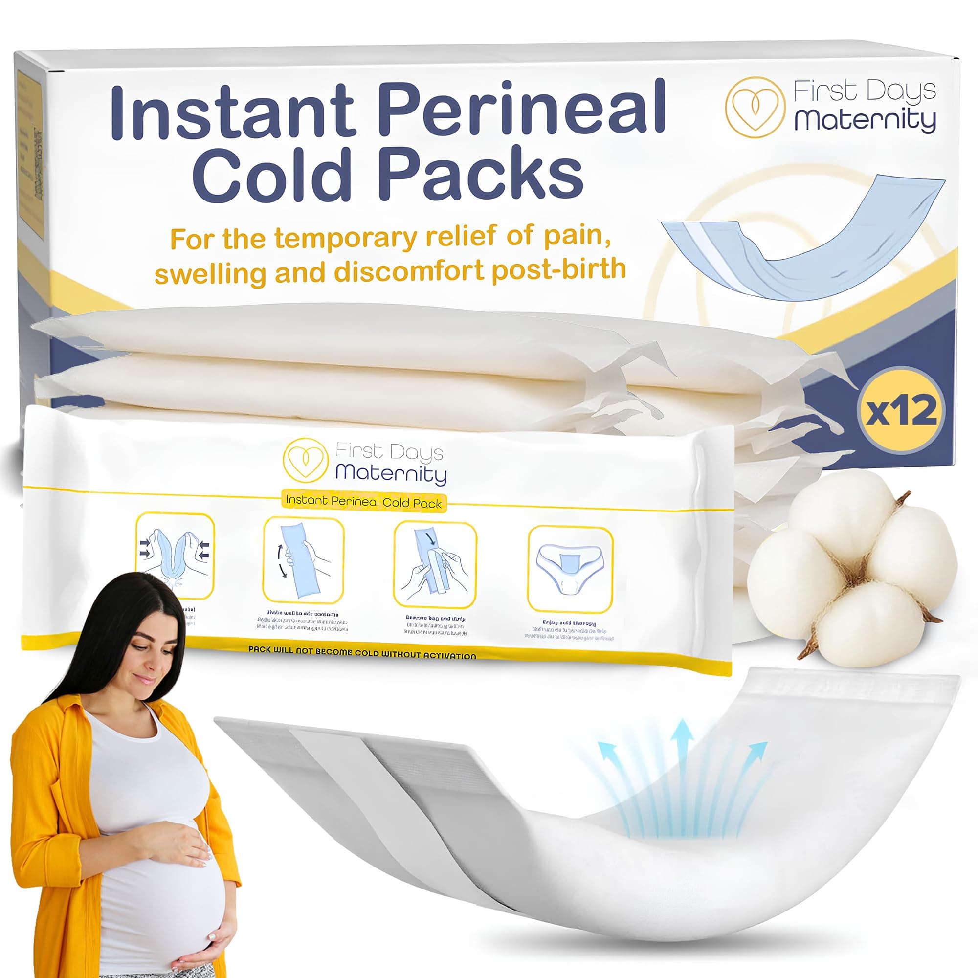 First Days Maternity Instant Perineal Cold Packs, Fully Absorbent Cold Packs with Soft Cotton Cover, No Need to Freeze, Provides 20 Minutes of Cold Therapy, Pack of 12
