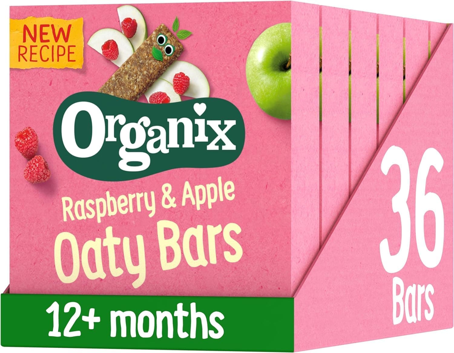 Organix Raspberry and Apple Organic Soft Oaty Snack Bars Multipack, Toddler Snack, No Added Sugar, 6 x 23 g Bars Per Box (6 Boxes Total)