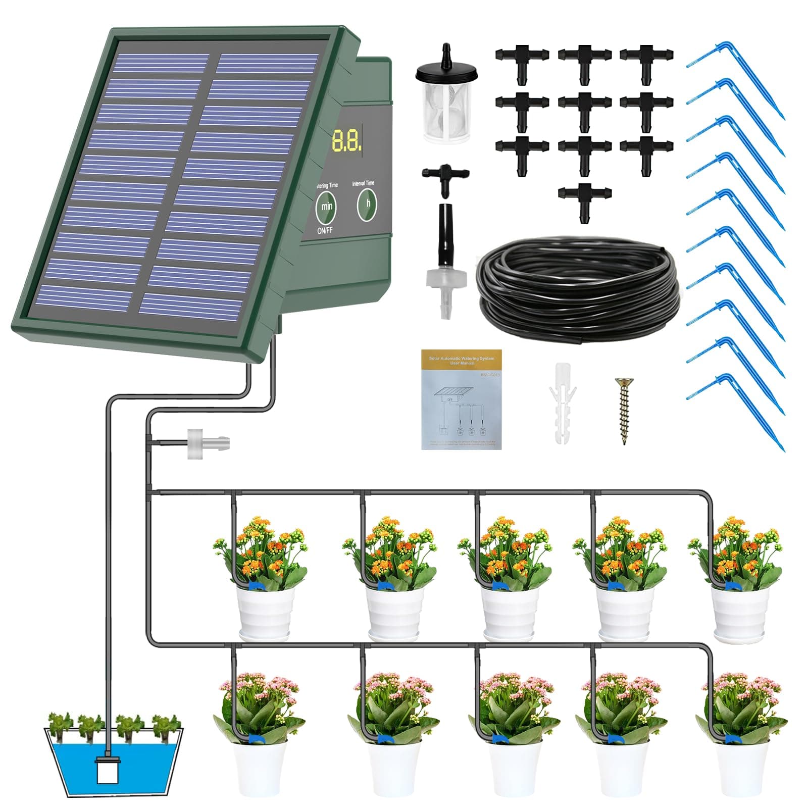 SXDLED Solar Drip Irrigation System for Garden, 30 Timing Modes Automatic Drip Irrigation Kit Solar Irrigation System Garden Watering System Supports 10 Pots Plants for Indoor & Outdoor