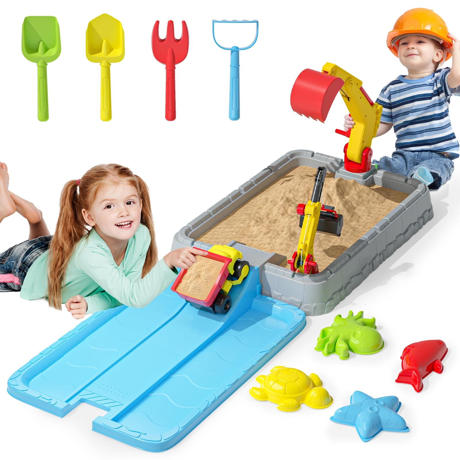 Sandbox Sand Pit with Lid, Kids Construction Sand Box with Excavator, Crane, Molds for Sensory Play Digger Toys, Toddler Outdoor Indoor Sand Pit Toys for Boys Girls Ages 3+ (Gray & Blue)