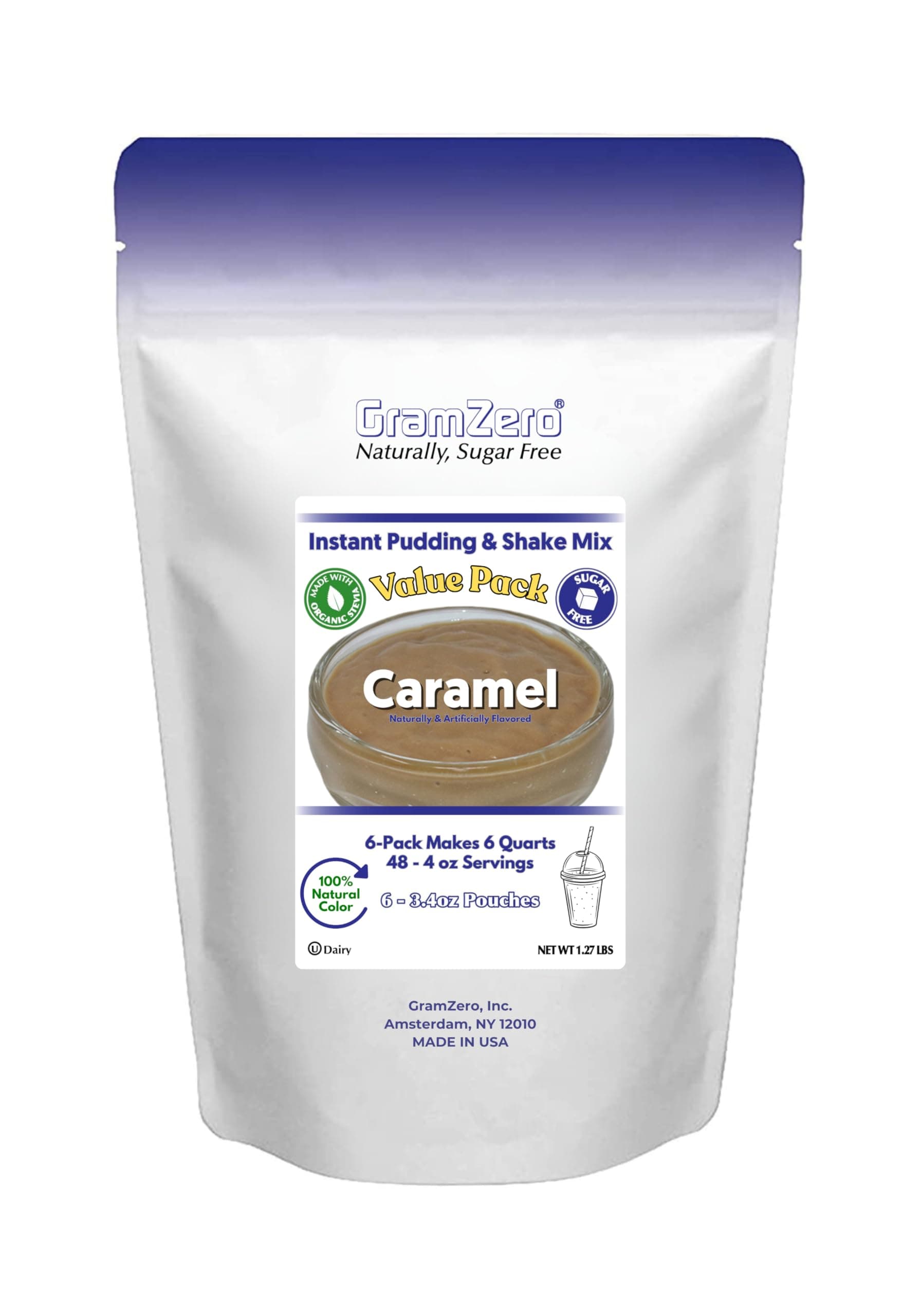 GramZero Natural Color CARAMEL Sugar Free Pudding Mix 6-Pack, Great For Nutrition Club Meal Replacement Shakes, Low Calorie Dessert, Stevia Sweetened