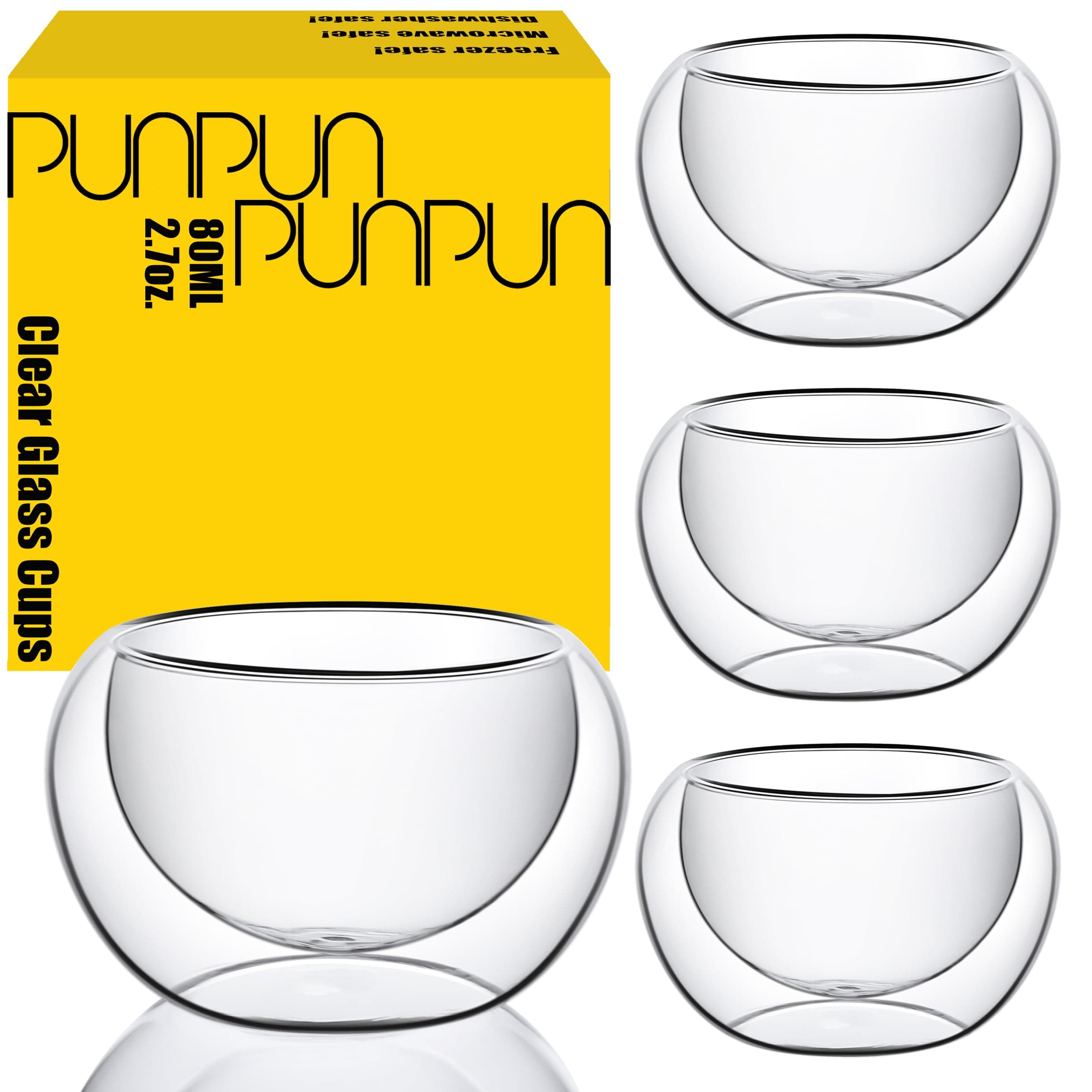 PunPun 2.7oz. 80ml Double Wall Borosilicate Glass Tea Cups Espresso Cups Heatproof Insulating Teacups glass Set of 4