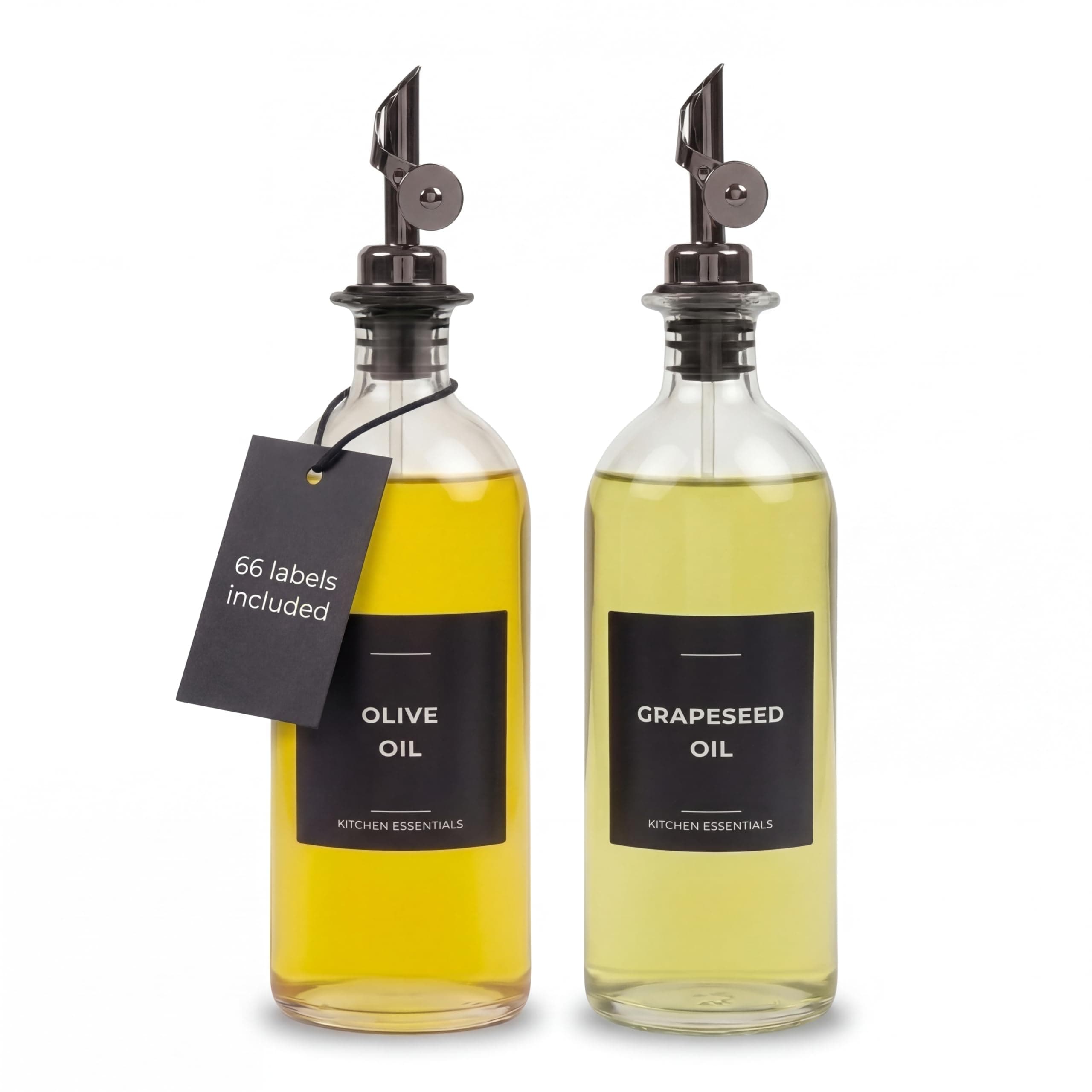 Oil Dispenser for Kitchen - Glass Olive Oil Bottle Set of 2 (16.9oz) with Black Weighted Self-Closing Pourer - Cooking Oil Dispenser with 66 Labels, Aligner & Funnel