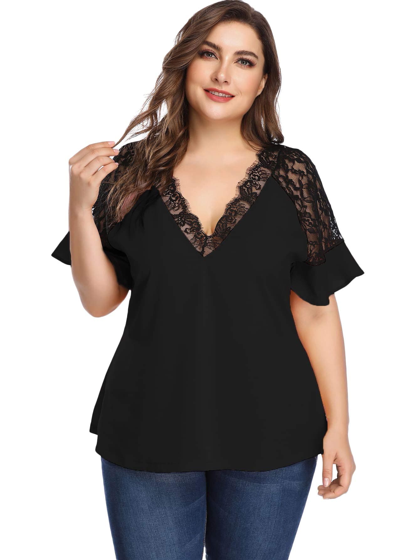 RomweWomen's Plus Size Elegant Short Sleeve Work Office Lace Deep V Neck Flounce Blouse Black 2XL