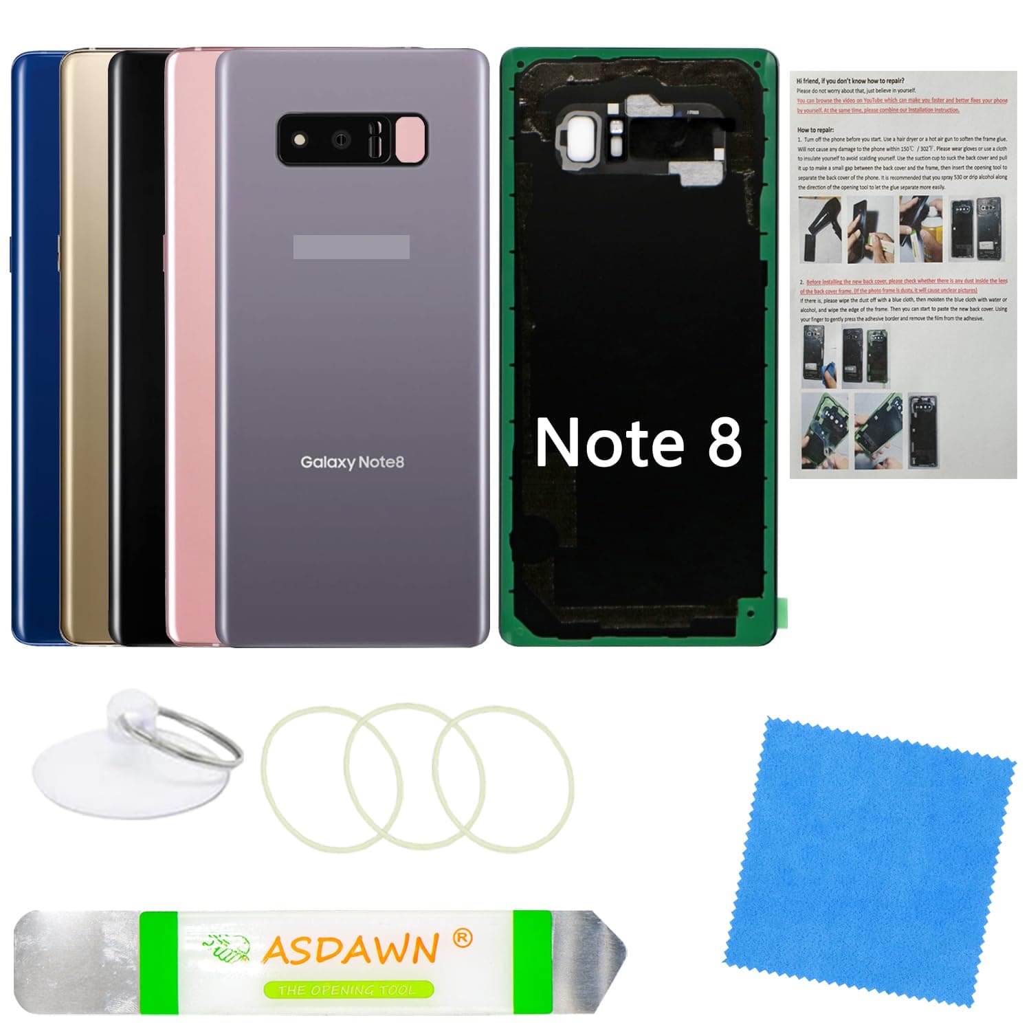Galaxy Note 8 Back Glass Cover Replacement Housing Door with Pre-Installed Camera Lens +Installation Manual +Repair Tools for Samsung Galaxy Note 8 SM-N950 All Carriers(Orchid Gray)