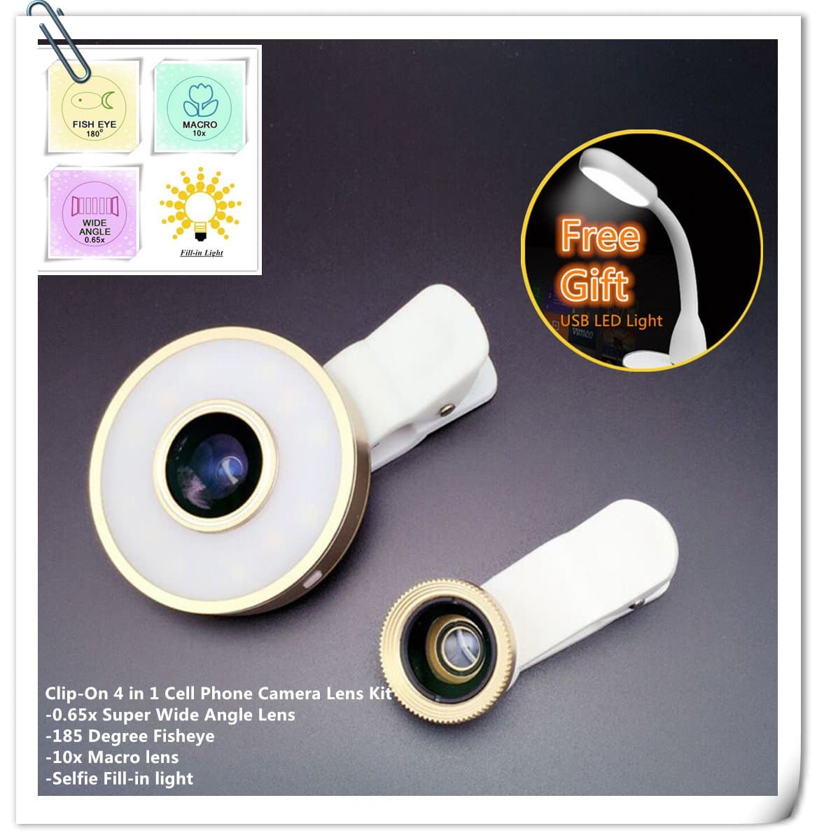Lovkit Universal Clip-On 4 in 1 Cell Phone Camera Lens Kit 12 LED Selfie Fill-in Light+ 185 Degree Fisheye+ 10x Macro+ 0.65x Super Wide Angle Lens for iPhone 6/6 Plus/5/5S, Galaxy S6/S5, Gold
