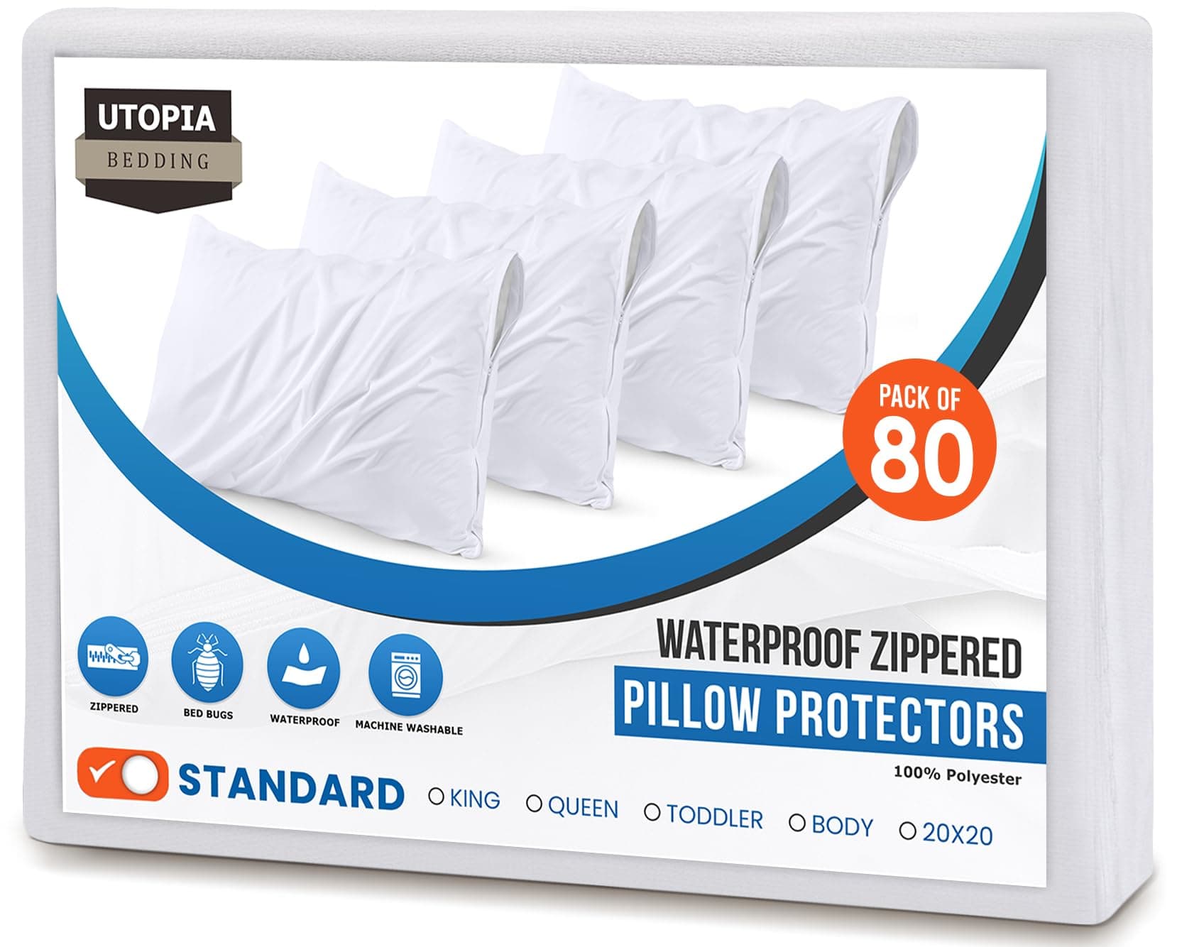 Utopia Bedding 80 Pack Waterproof Pillow Protectors with Zipper Standard Size (White), Bed Bug and Dust Mite Proof Pillow case Covers, Moisture Wicking Pillow Encasements 20 x 26 Inches