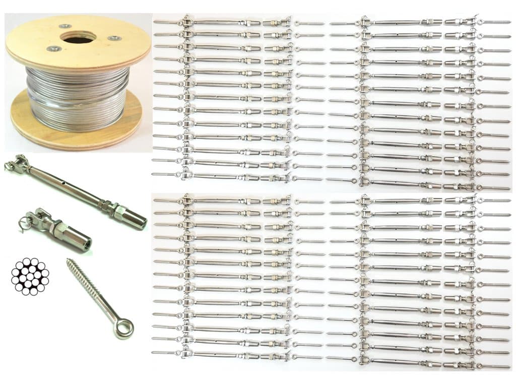 5/32 Cable Railing Kit 42"Stainless Steel 316 Cable 5/32 1 * 19 500 ft,Tensioner Quick Installation Stainless Steel 316 52-Pack,Welded Fork Swageless 52-Pack,Eye Terminal W/Wood Screw 104-Pack