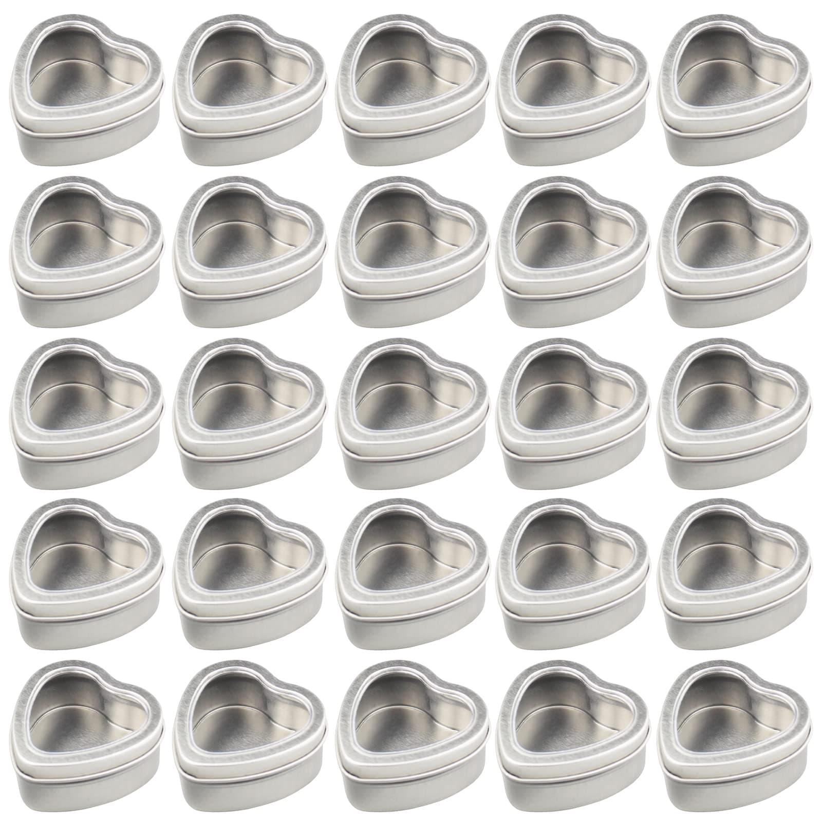 25-Pack 2oz Empty Heart Shaped Mini Metal Tins with Clear View Window Lids for Candle Making, Candies, Gifts & Treasures (Silver)