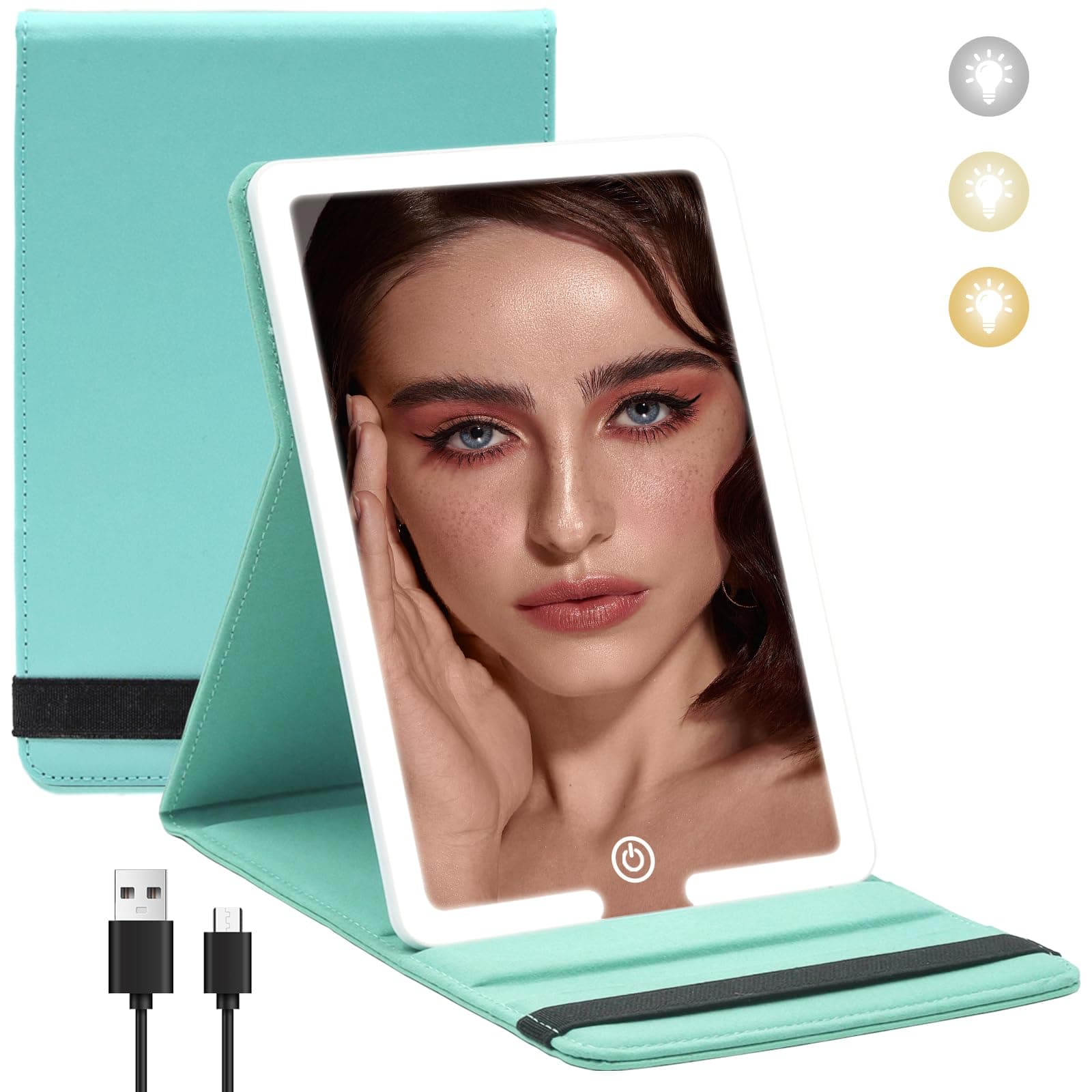 Lighted Travel Makeup Mirror, PU Leather Folding Travel Mirror Compact Vanity Mirror with Lights, Portable Makeup Mirror with 3 Lighting Dimmable Touch Screen Rechargeable for Travel & Beauty