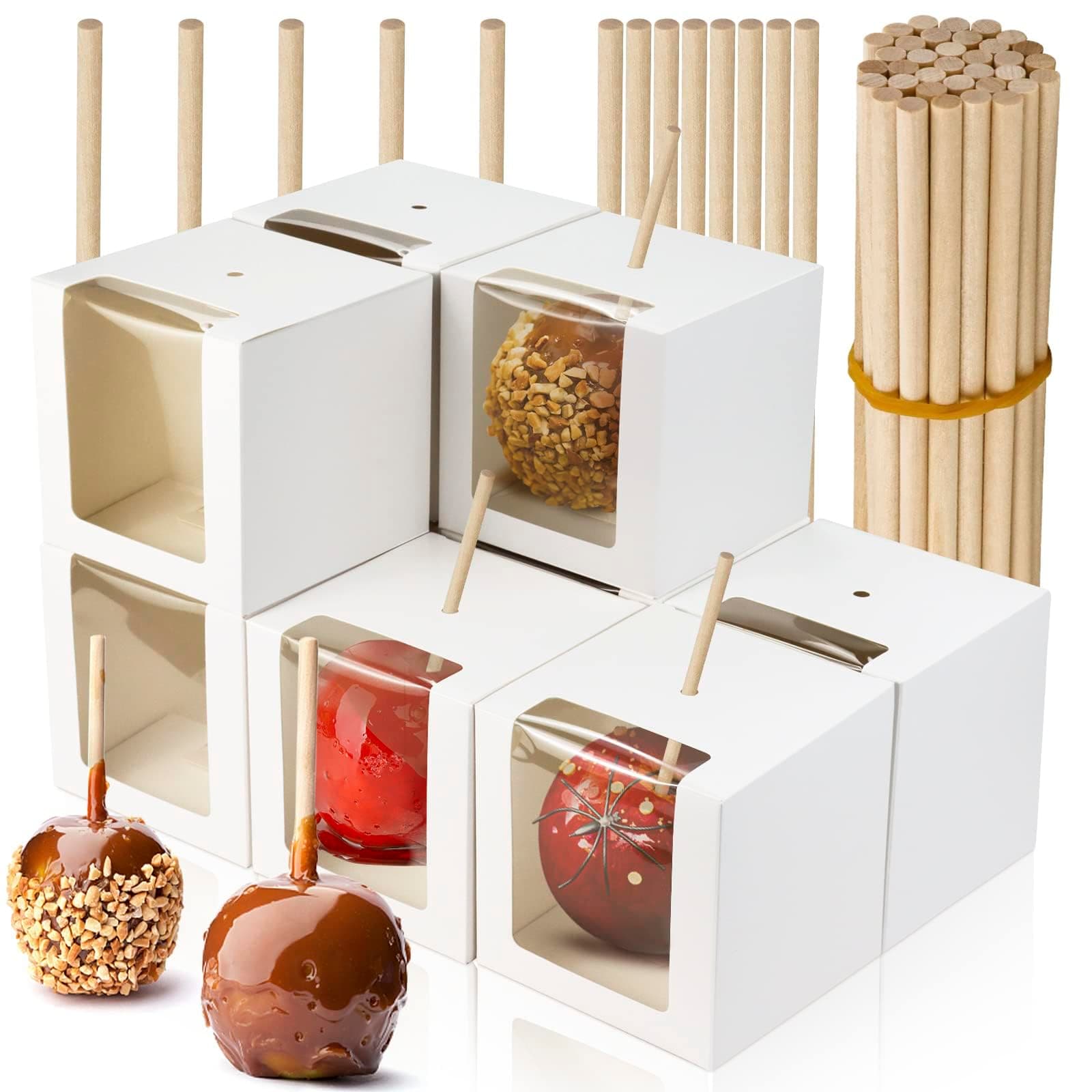 BadenBach 40 Pack Kraft Candy Apple Box with Sticks,4" x 4" x 4",Caramel Apple Box Kit Chocolate Cake Treat Boxes with Clear Window for Easter,Father's Day,Wedding,Party,Baby Shower (White)