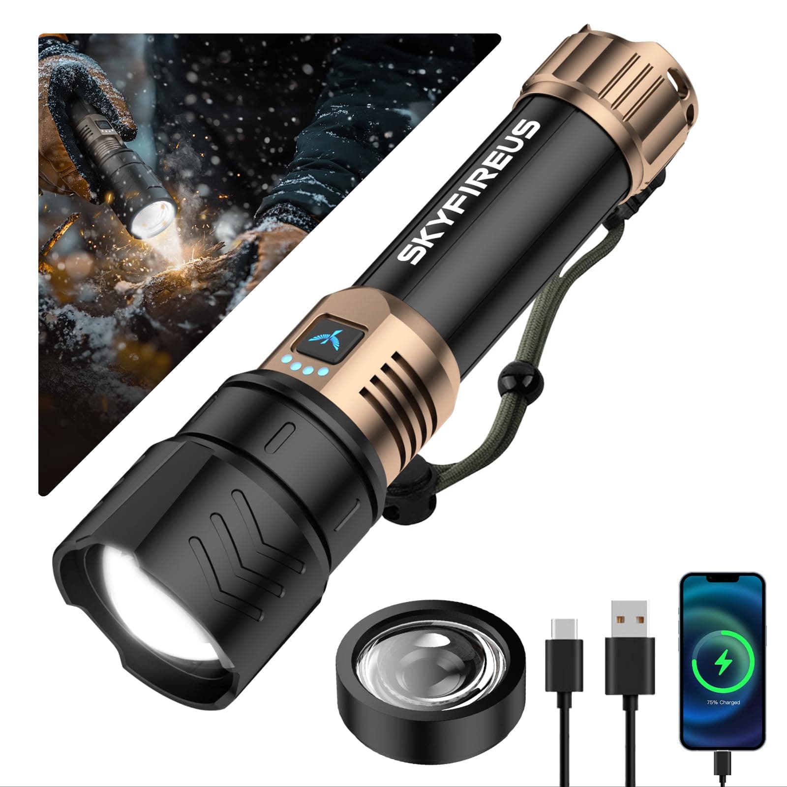SKYFIRE LED Flashlights High Lumens with Ignition Lens,3000lm Super Bright Rechargeable Flashlight,Zoomable,4 Modes,Waterproof Tactical Flash Light for Camping Essentials,Outdoor and Home,Gift