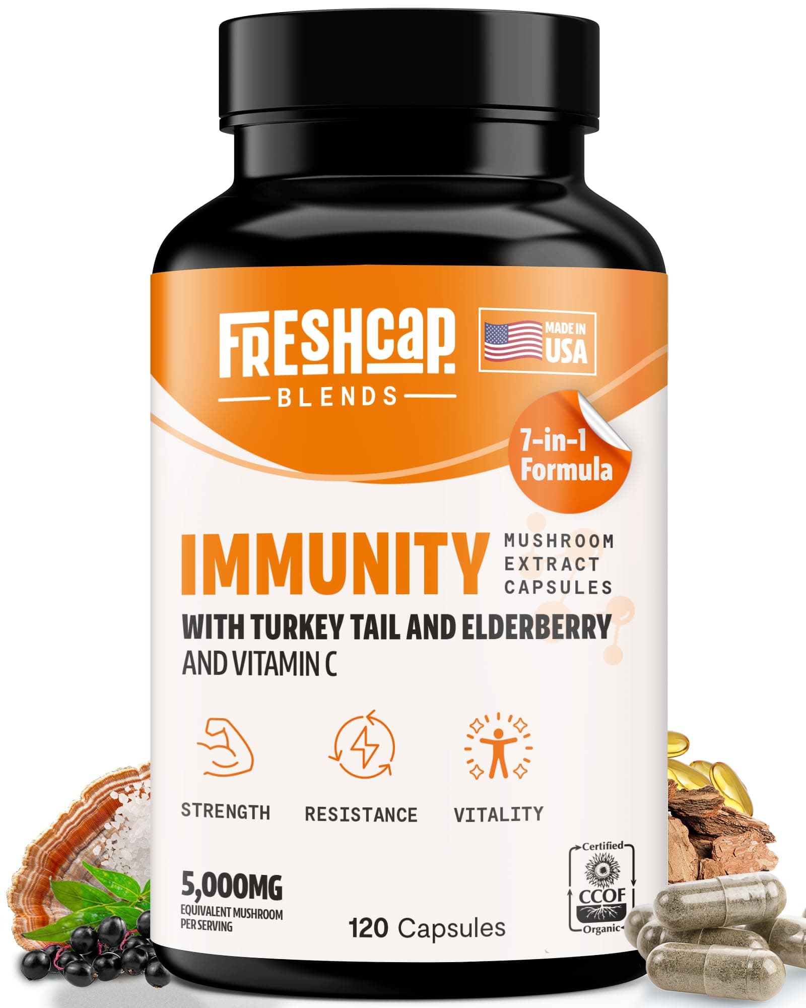 FreshCap 7-in-1 Immune Support Supplement - 5000mg Turkey Tail Mushroom Capsules - Immune Boosters for Adults, Immunity Boost Supplement, Elderberry Vitamin C and Zinc, Ayurveda (120 Capsules)