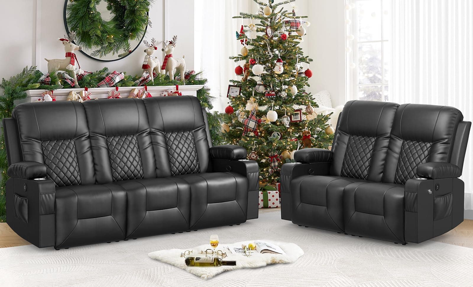Oversized Recliner Sofa Set with 2+3 Pieces in Living Room, PU Leather Loveseat Recliner Couch, Modern 3 Seats Dual Reclining Sofa with Cup Holder and 2 Cell Phone Holder, USB Ports, Black