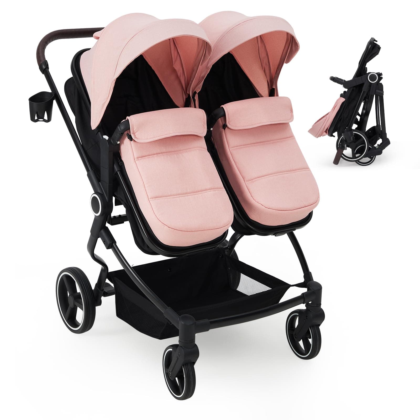 GarveeLife Side by Side Double Stroller for Twins, Lightweight Compact Foldable Baby Travel Stroller with High Landscape Seat, Adjustable Canopy & Recline for Infant and Toddler, Pink