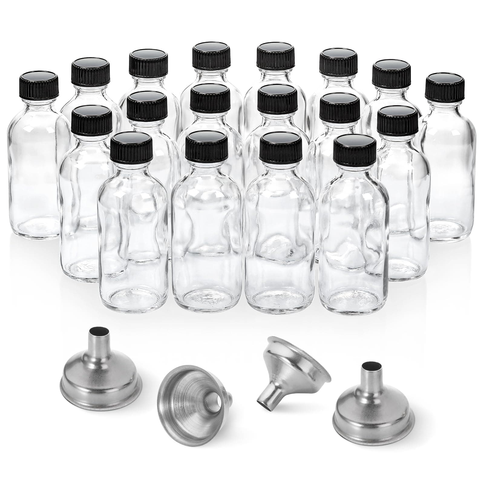 18 Pack, 2 oz Small Clear Glass Bottles w/ Lid & 4 Stainless Steel Funnels - 60ml Boston Sample Bottles - Mini Travel Essential or Decorative Bottles for Potion, Juice, Wellness, Ginger Shots, Whiskey