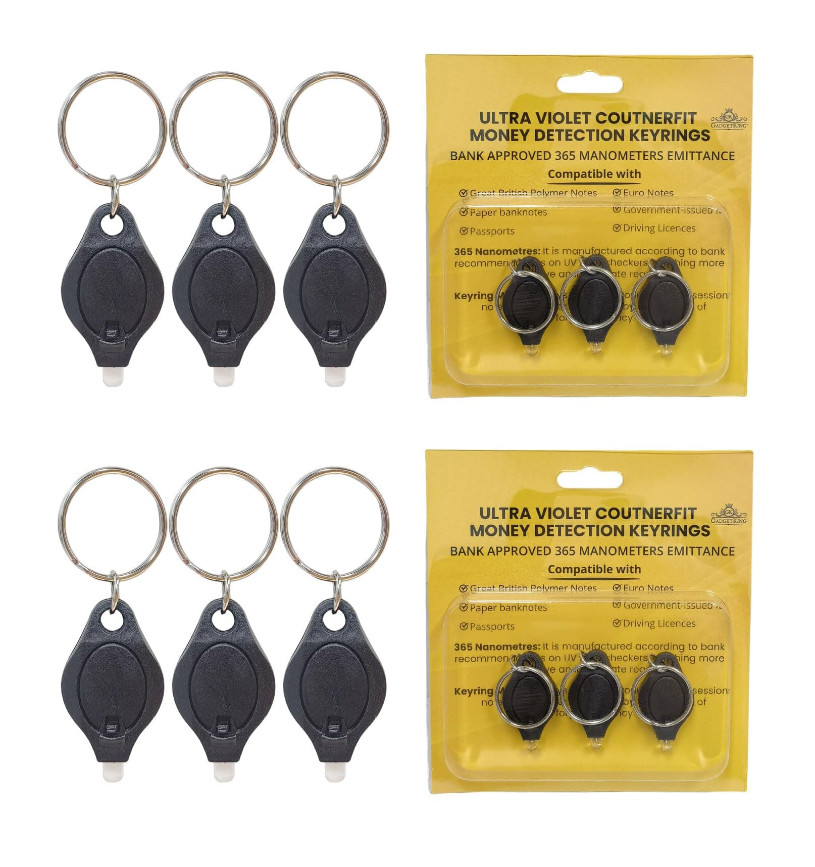 GADGETKING 6 Pack UV Money Checker Polymer Bank Note Scanner LED Detector Light Forged Pen Portable 2 in 1 with Blacklight & White LED Watermark Torch for Paper Notes Keyring Keychain