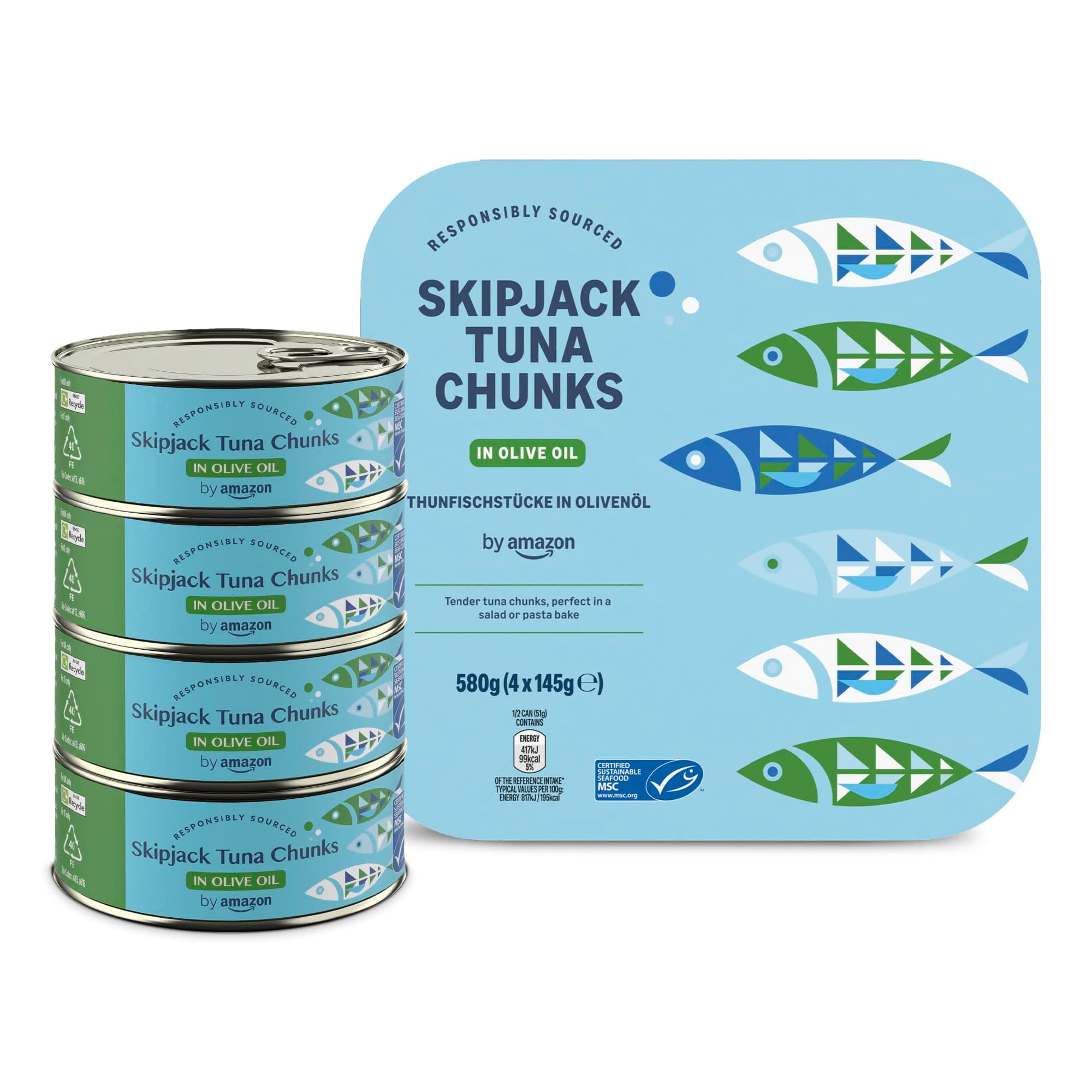 by Amazon Skipjack Tuna Chunks in Olive Oil, 145g, Pack of 4