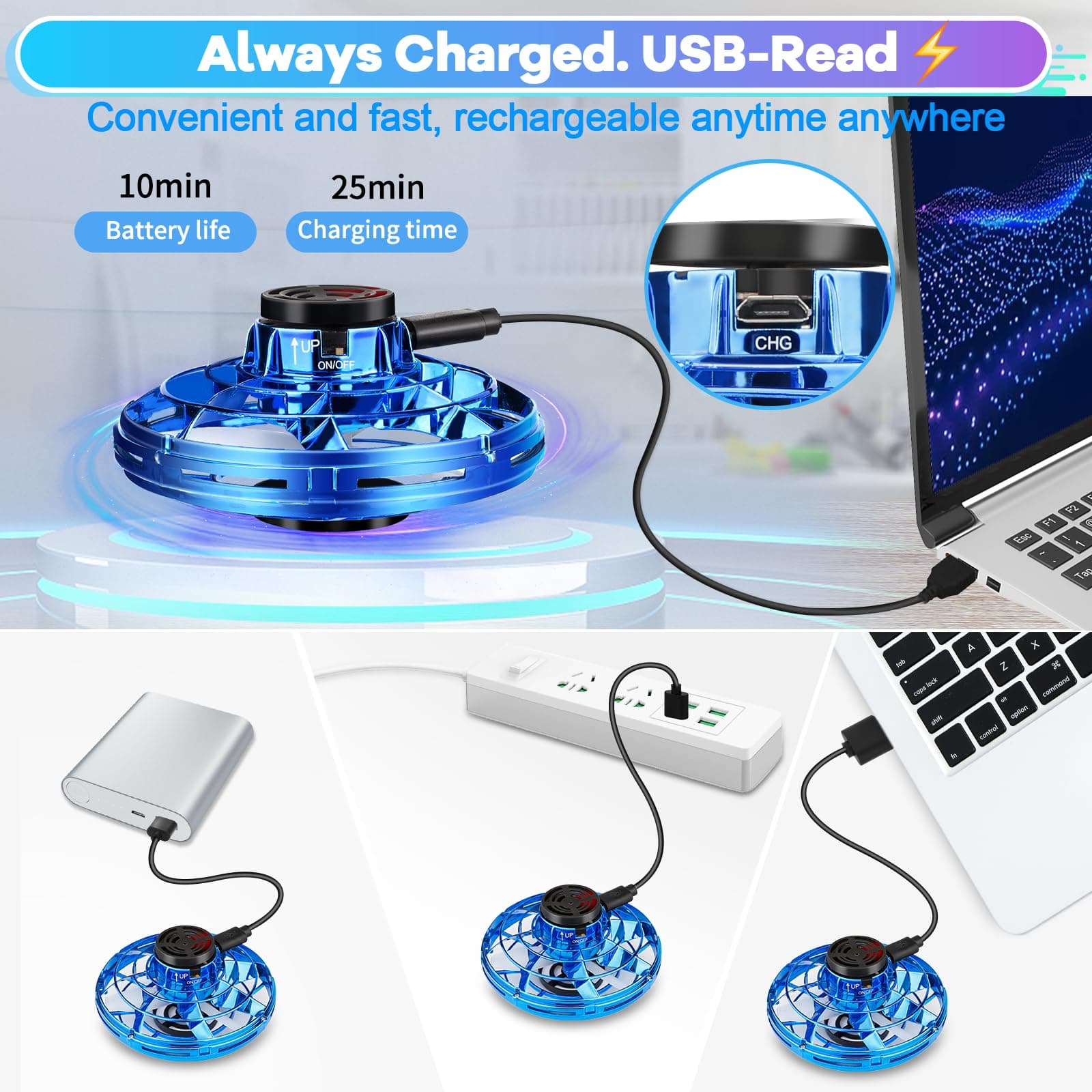 Flying Fidget Spinner,2025 Upgraded Flying Spinner Mini Hand Drone with 360 ° Rotating and LED Lights Outdoor Indoor Toy,Mini UFO Toy Drone for Boys Girls Adults (Blue)