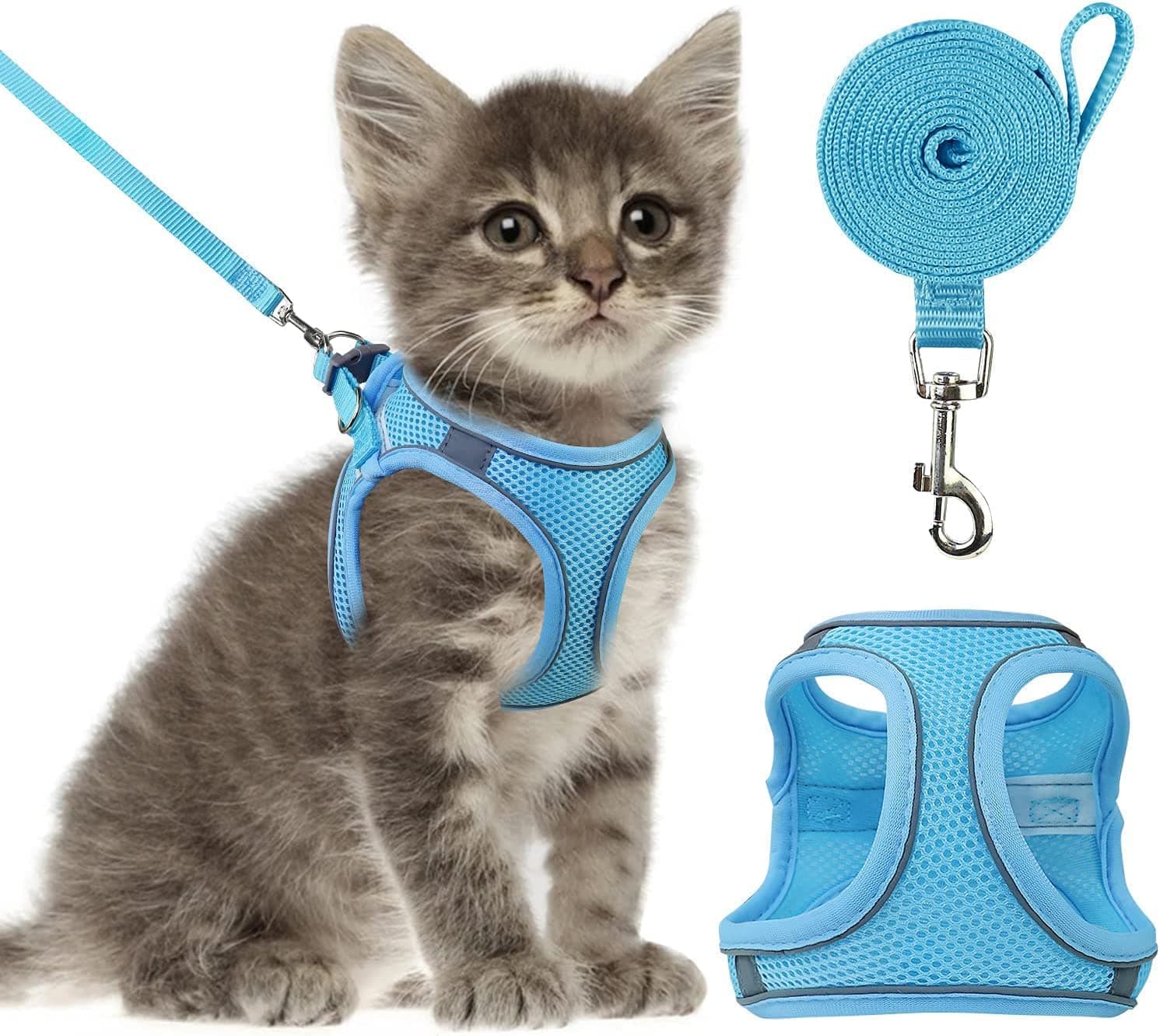 Cat Harness Leash and Collar Set: breathable Cat Harness and Leash,Escape Proof Kitten Vest Harness for Walking,Easy Control Night Safe Pet Harness with Reflective Strap-cat or Puppy,Rabbit- (XS Blue)