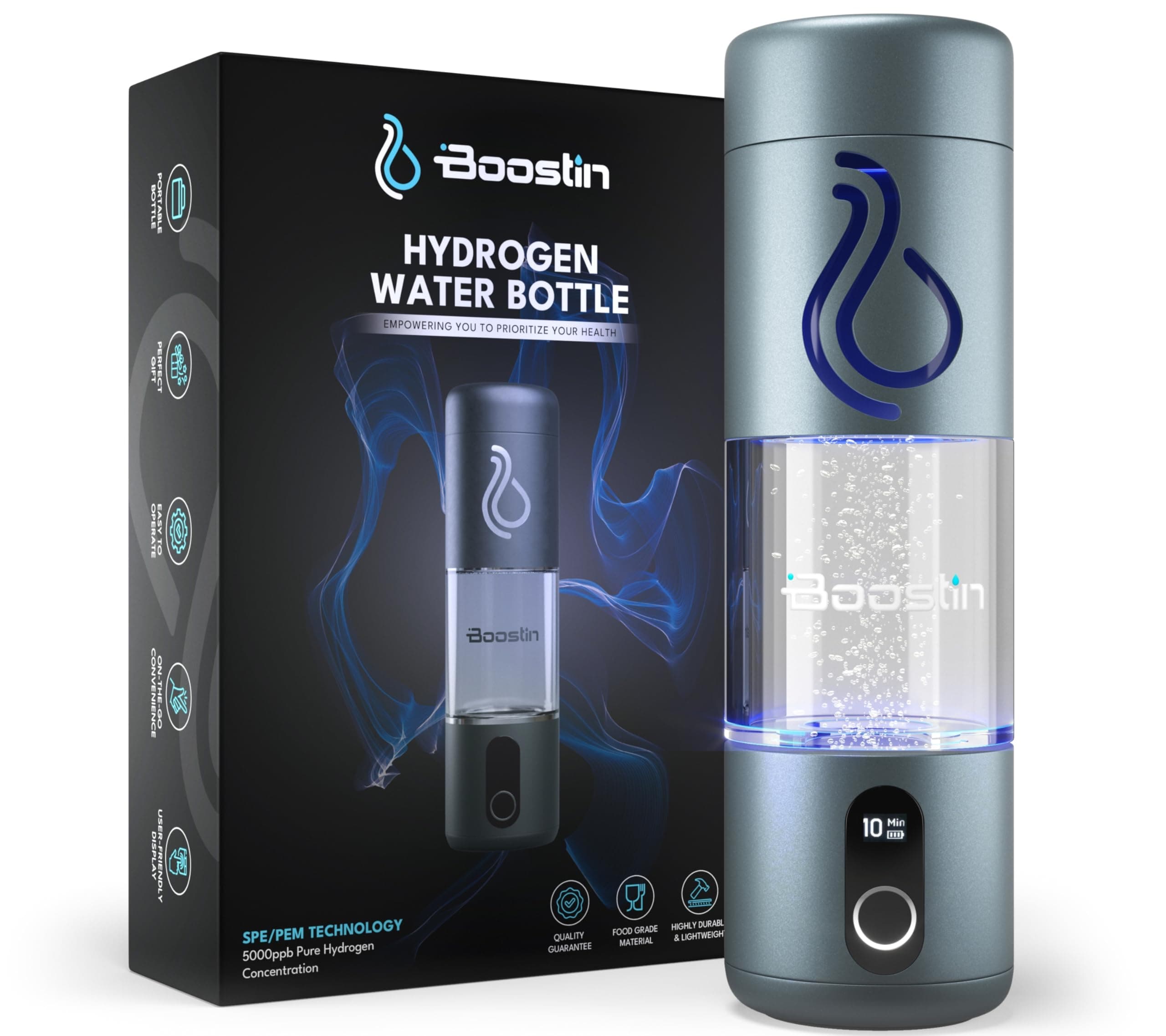 Boostin Pro Hydrogen Water Bottle - 3 in 1 SPE/PEM Technology - Improves Hydration & Antioxidant Benefits - Generates up to 5000PPB - Portable and Lightweight - Food Grade Material with OLED Display