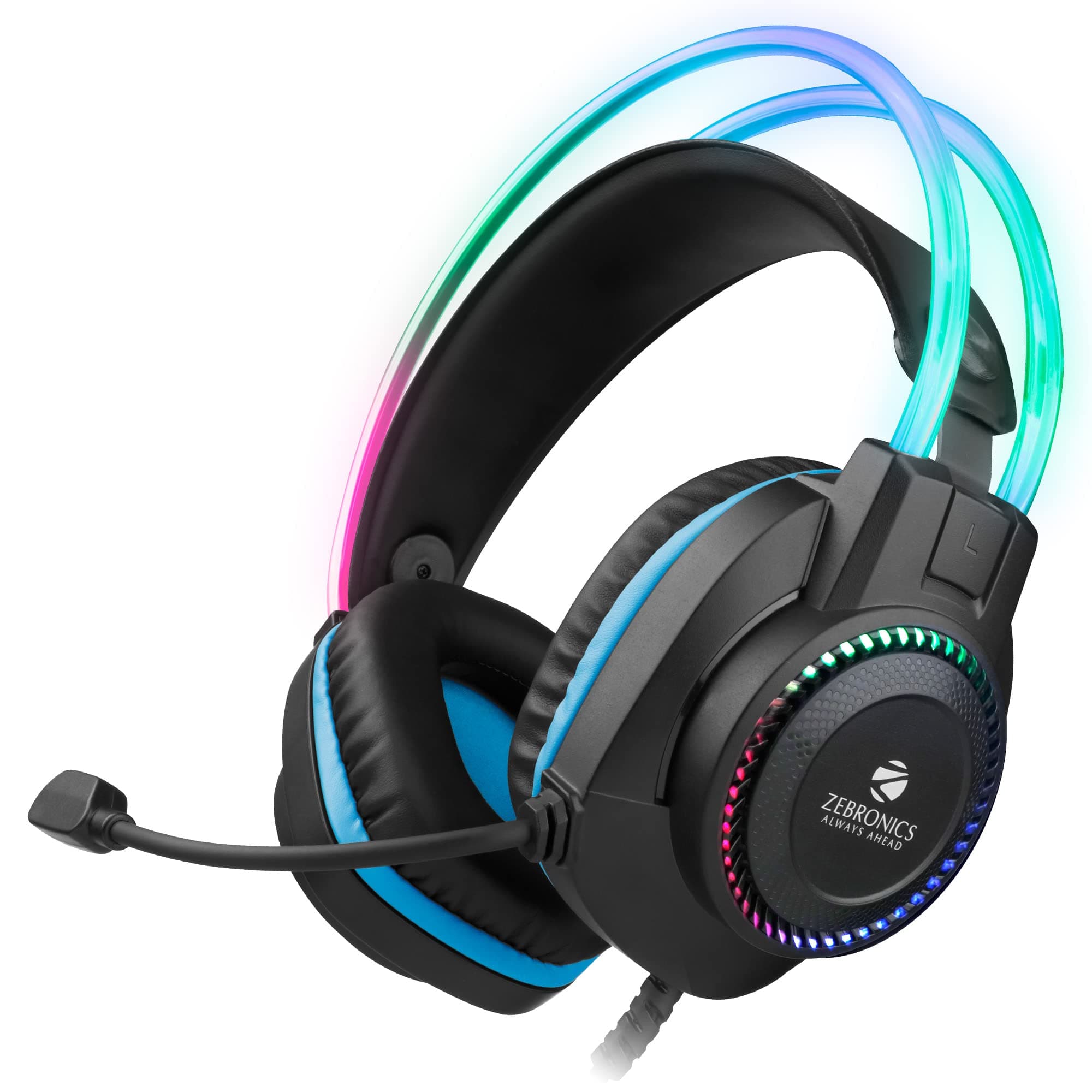 Zebronics Zeb- Jet PRO Gaming Headphone with Flexible Mic, Powerful bass, Headband and Ear Cups with LED Lights, Extra Soft Ear Cushion for Comfort (Black + Blue)