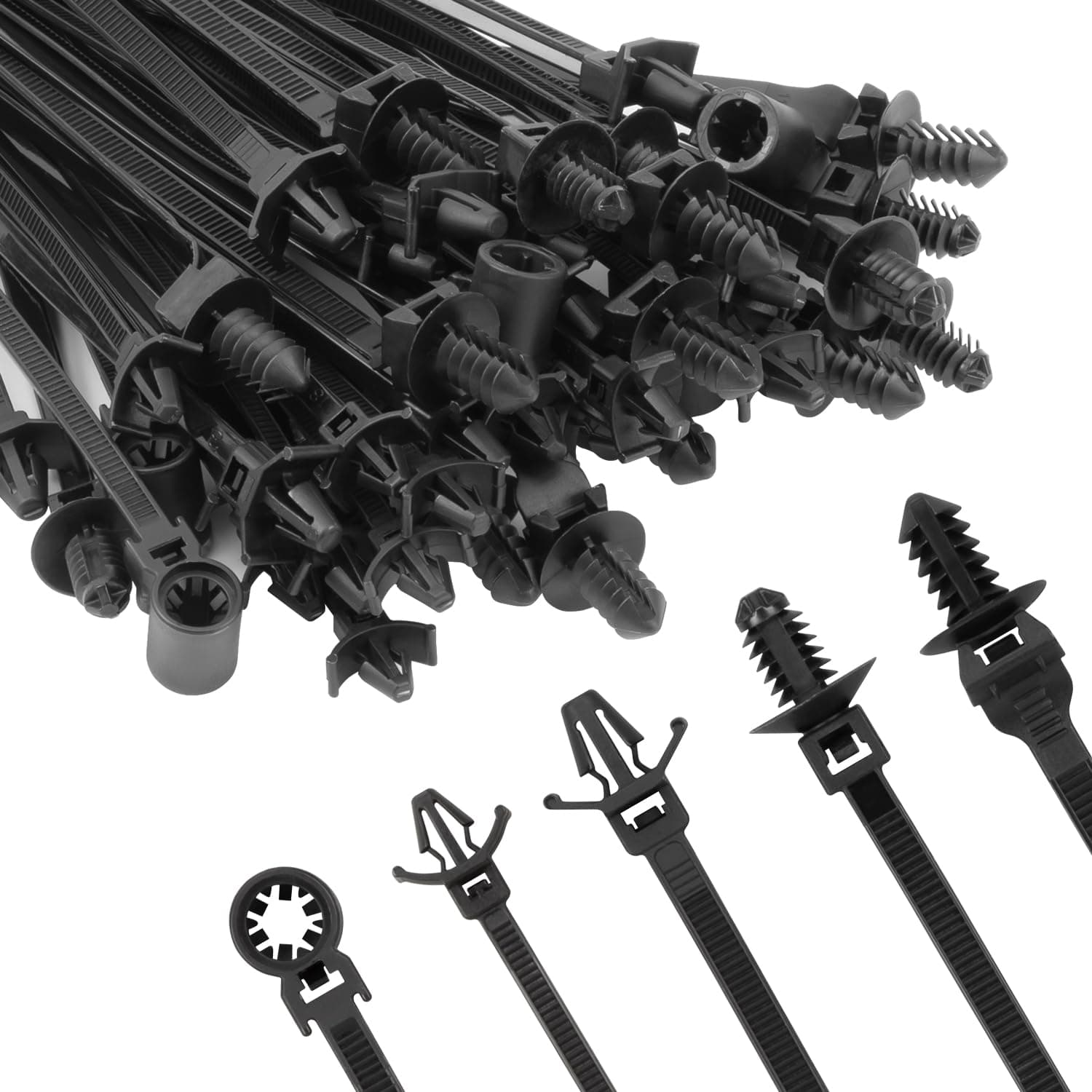 210 PCS Automotive Installation Black Push Mount Cable Zip Ties Assorted Sizes, Heavy Duty Self-Locking UV Resistant Wire Ties - For Indoor Wire Bundling, Construction, Automotive